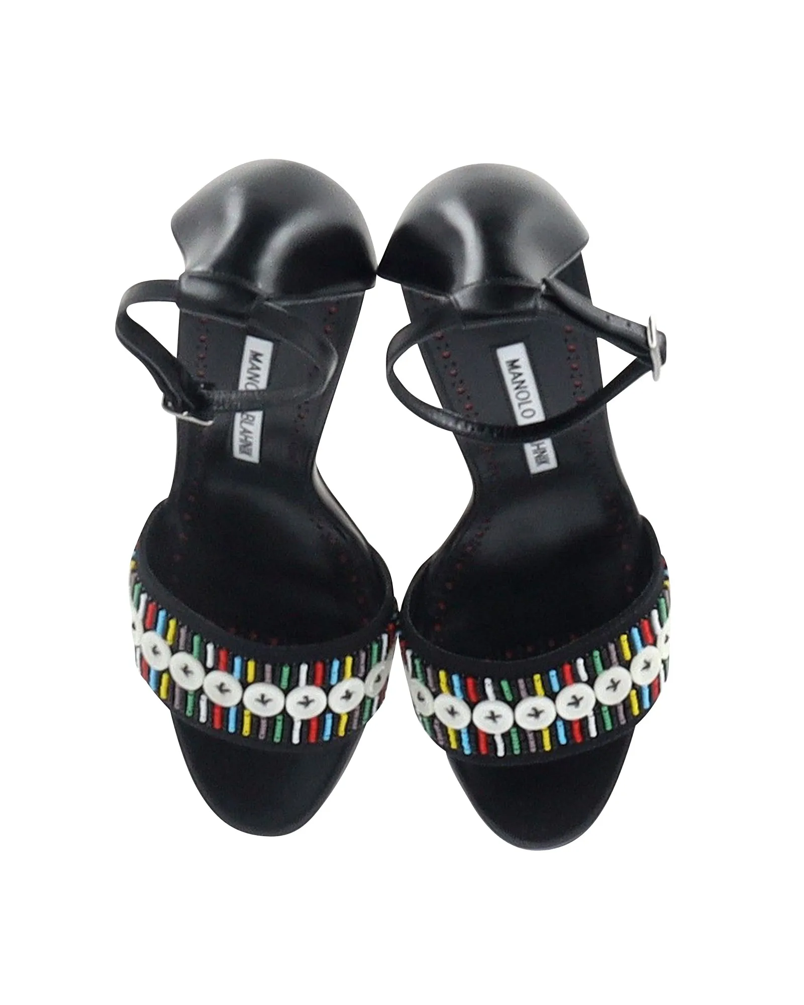 Manolo Blahnik Beaded Open-Toe Sandals in Black Leather Shoes_Manolo-Blahnik