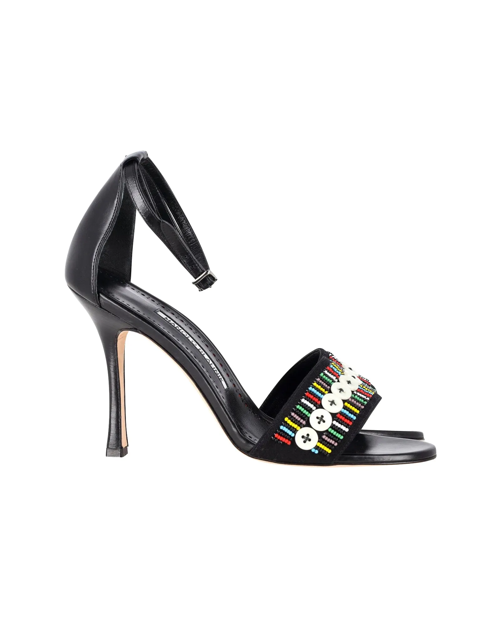 Manolo Blahnik Beaded Open-Toe Sandals in Black Leather Shoes_Manolo-Blahnik