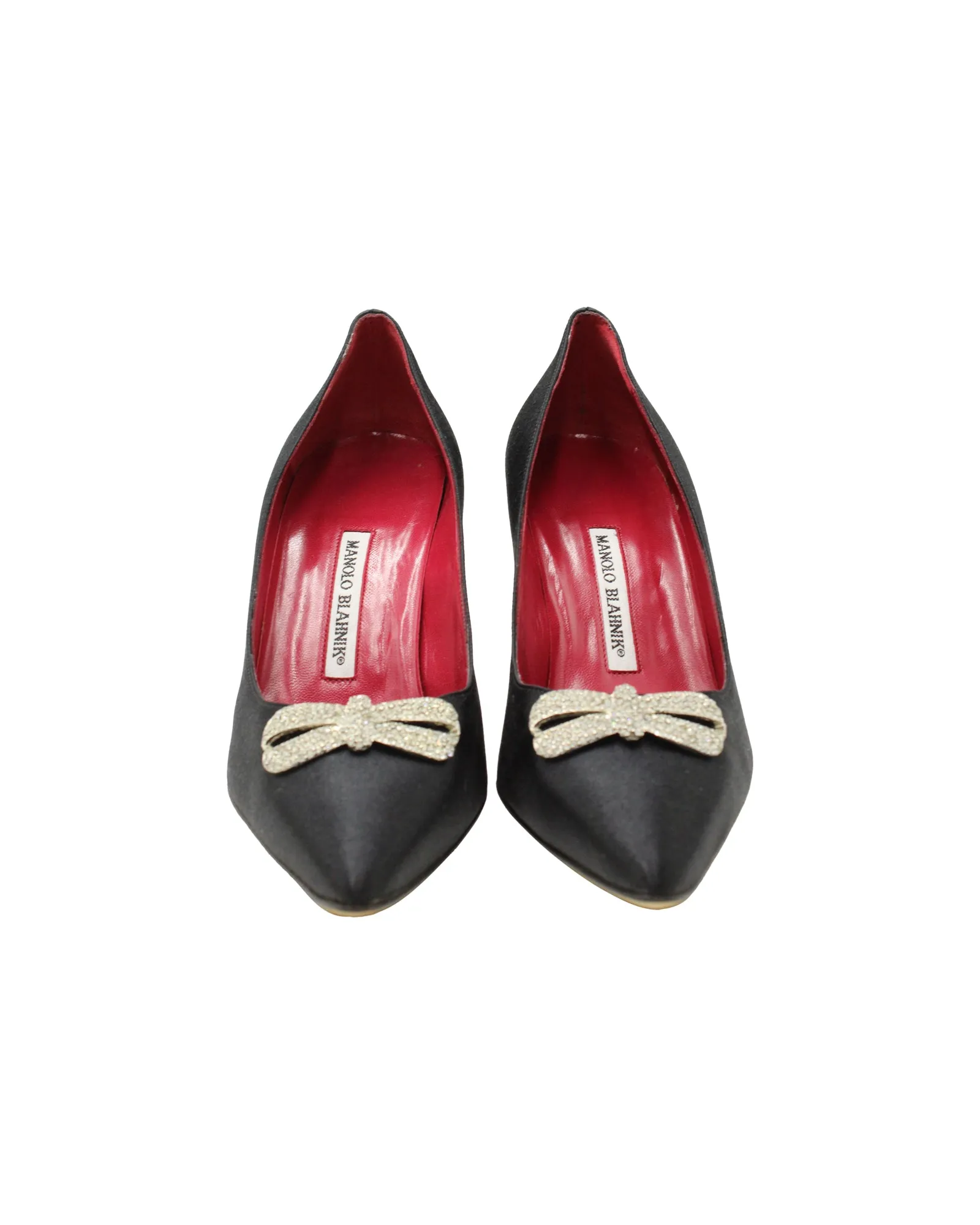 Manolo Blahnik Bow Embellished Pumps in Black Satin Shoes_Manolo-Blahnik