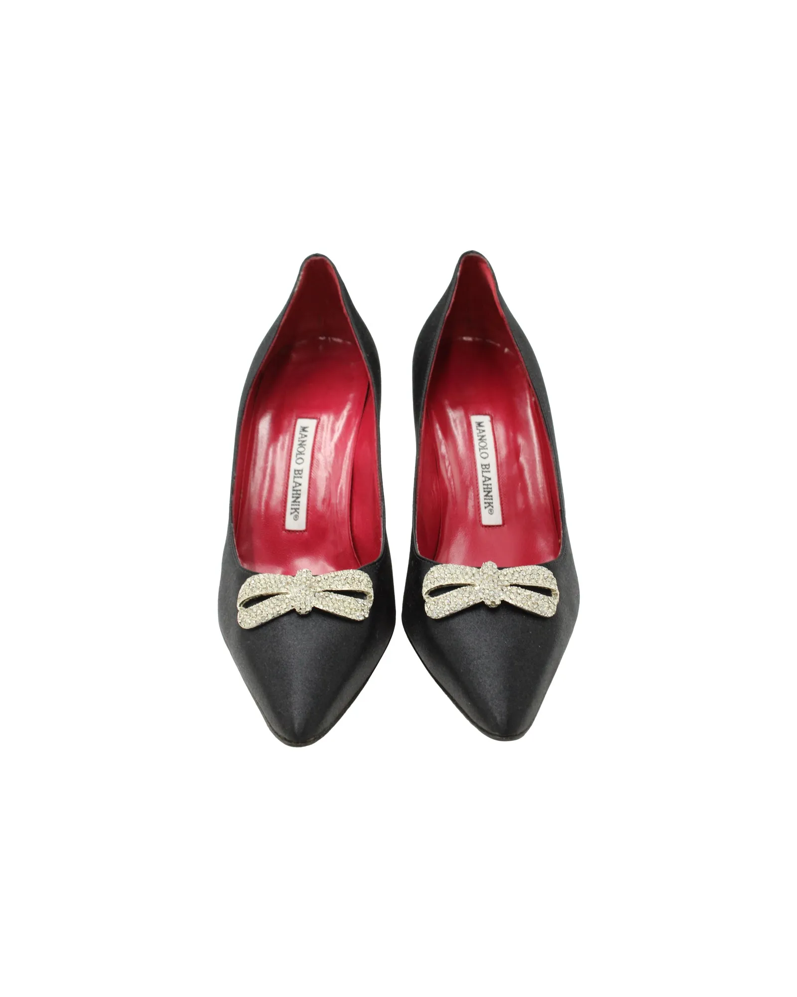 Manolo Blahnik Bow Embellished Pumps in Black Satin Shoes_Manolo-Blahnik