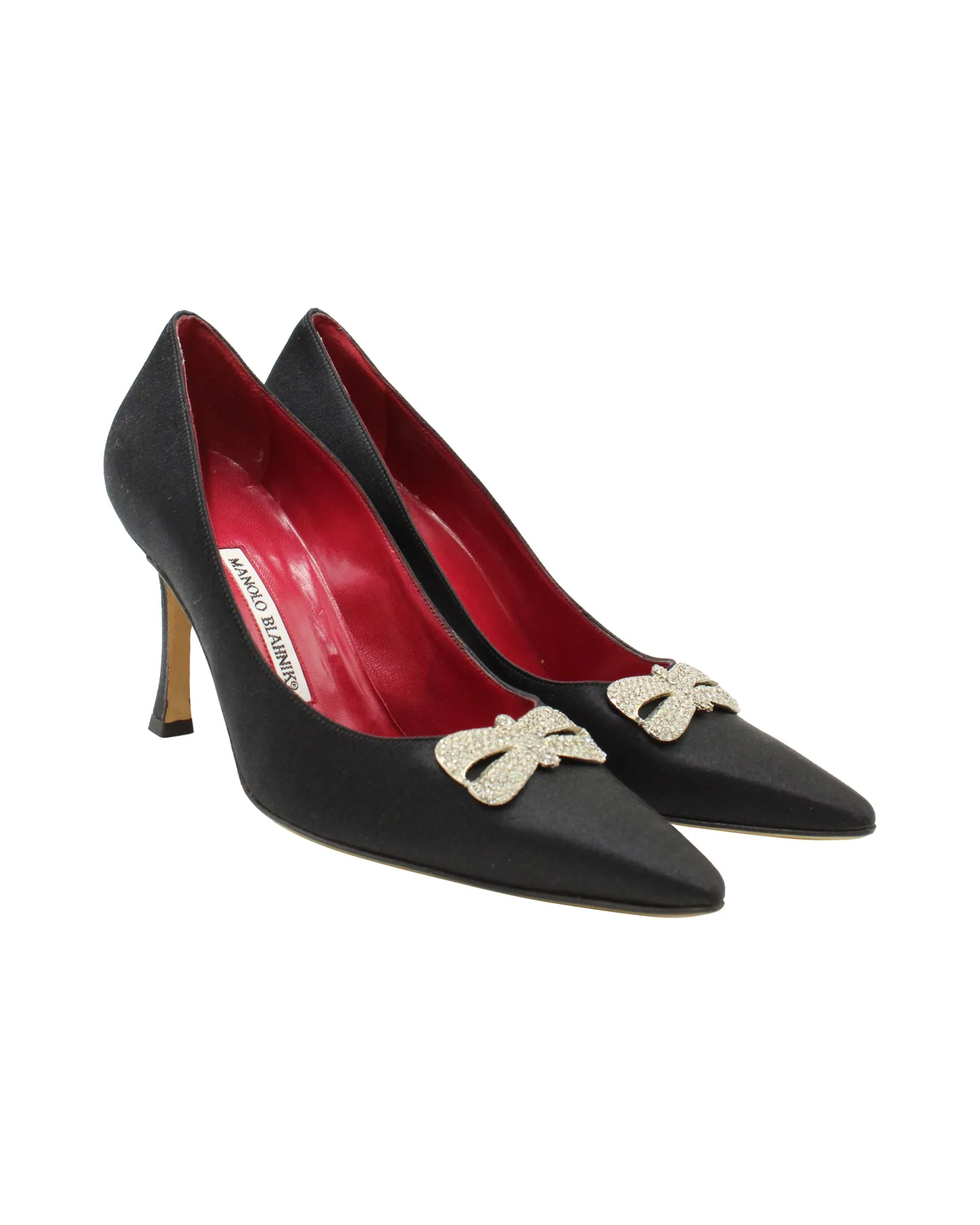 Manolo Blahnik Bow Embellished Pumps in Black Satin Shoes_Manolo-Blahnik