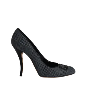 Manolo Blahnik Buckled Plaid Pumps in Grey Cotton Shoes_Manolo-Blahnik
