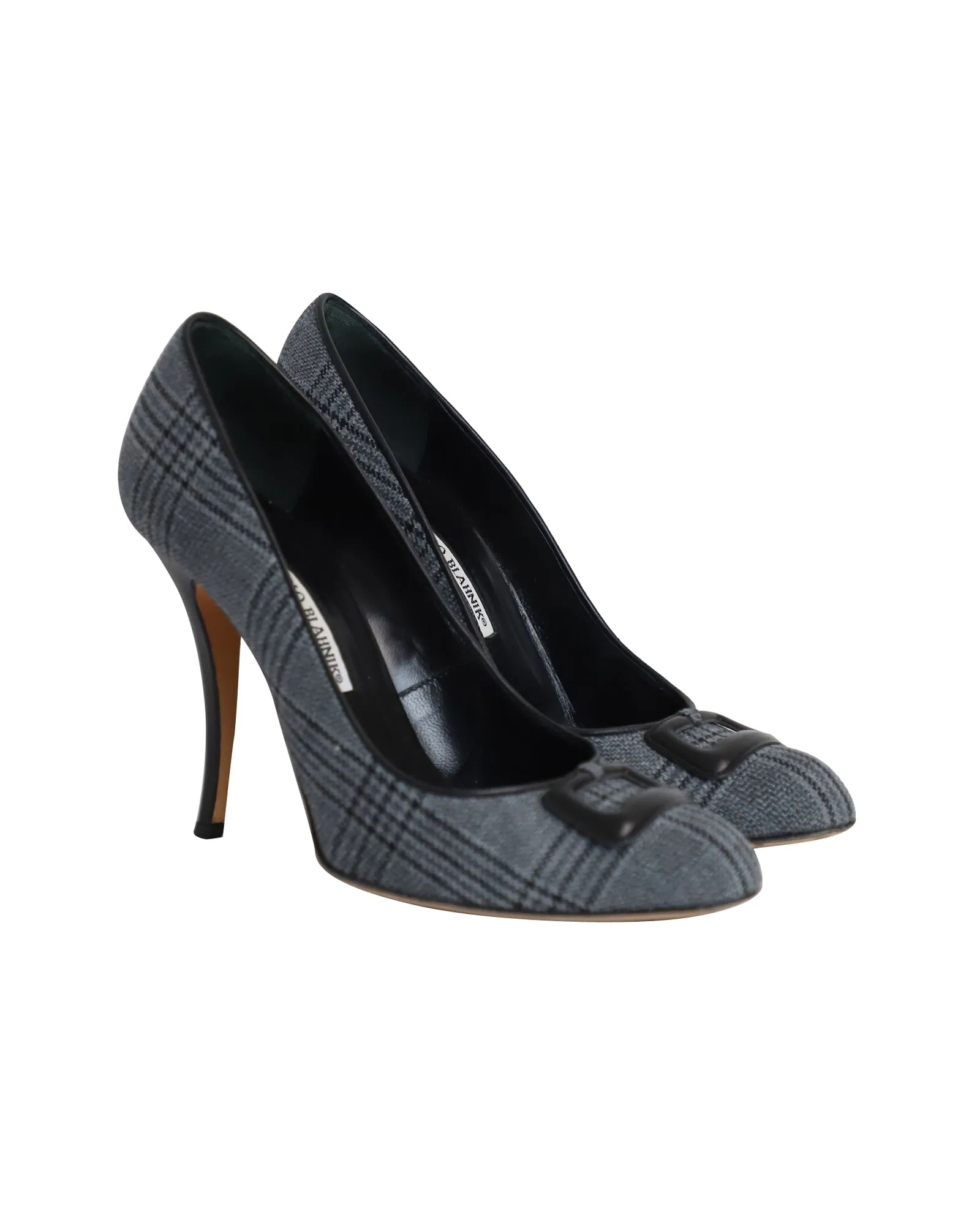 Manolo Blahnik Buckled Plaid Pumps in Grey Cotton Shoes_Manolo-Blahnik