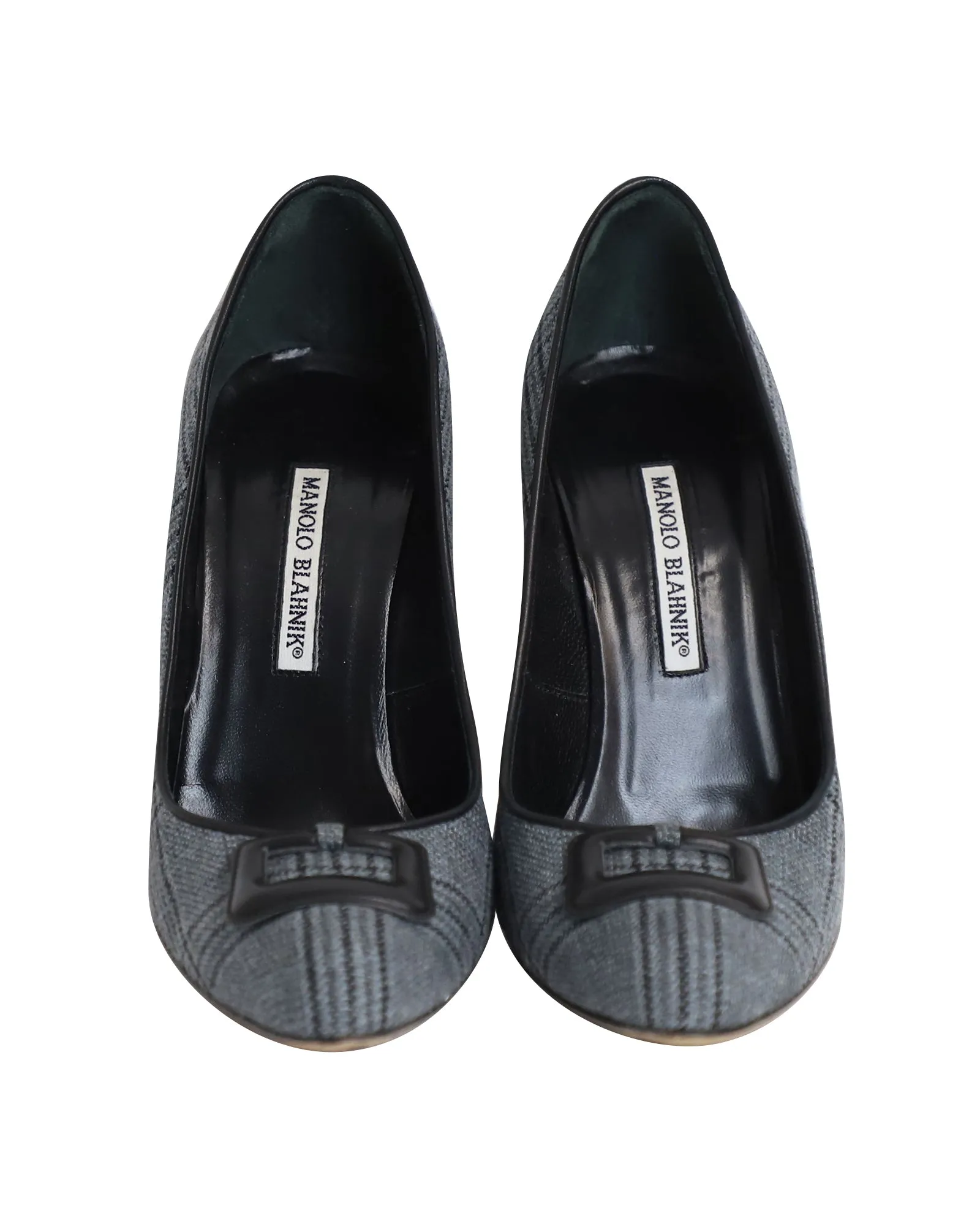 Manolo Blahnik Buckled Plaid Pumps in Grey Cotton Shoes_Manolo-Blahnik