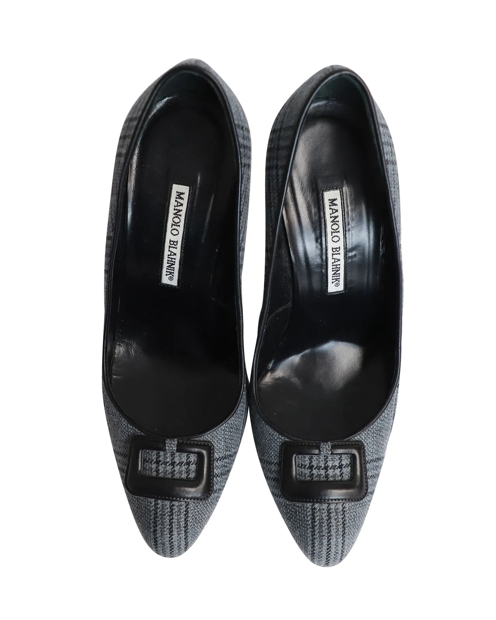 Manolo Blahnik Buckled Plaid Pumps in Grey Cotton Shoes_Manolo-Blahnik