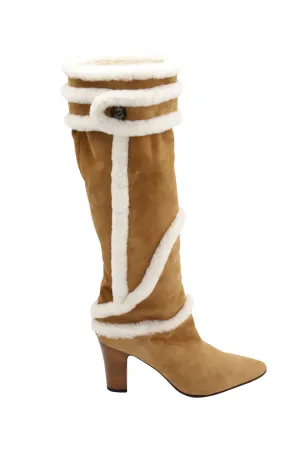 Manolo Blahnik Cluntius Shearling-Trimmed Knee Boots in Brown Suede Shoes_Manolo-Blahnik