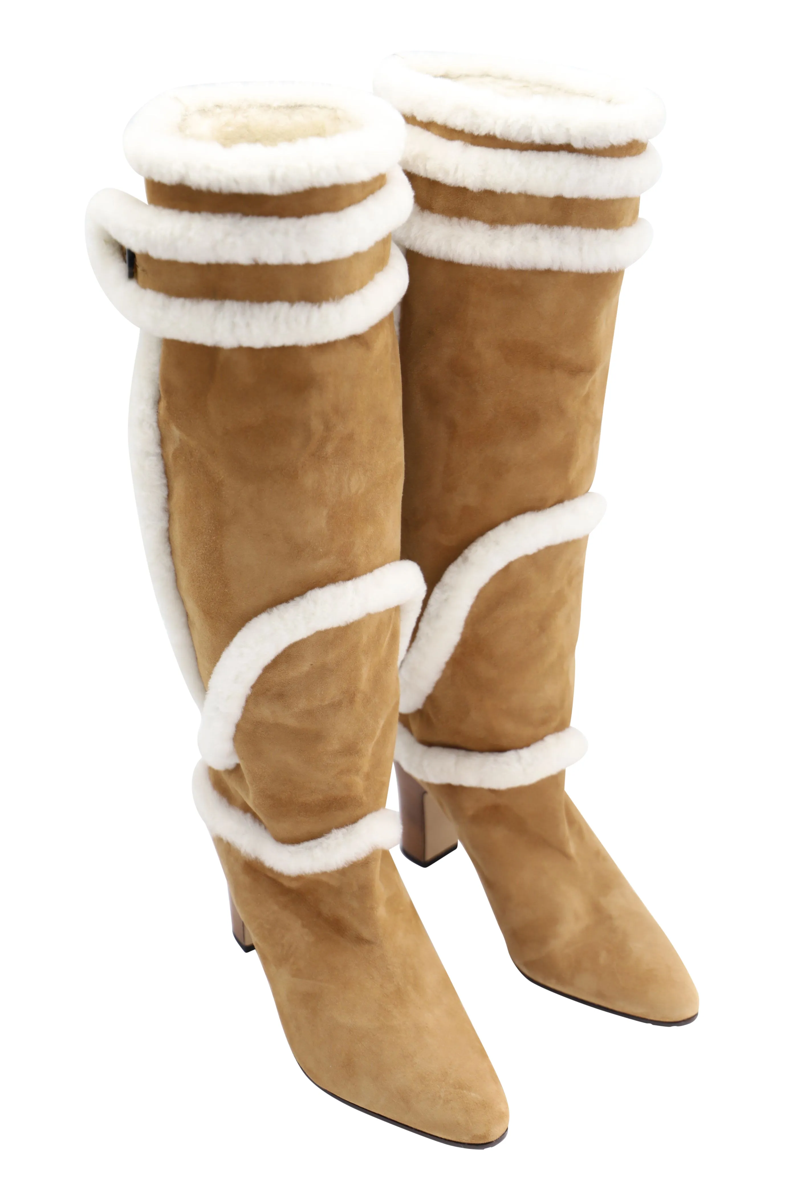 Manolo Blahnik Cluntius Shearling-Trimmed Knee Boots in Brown Suede Shoes_Manolo-Blahnik