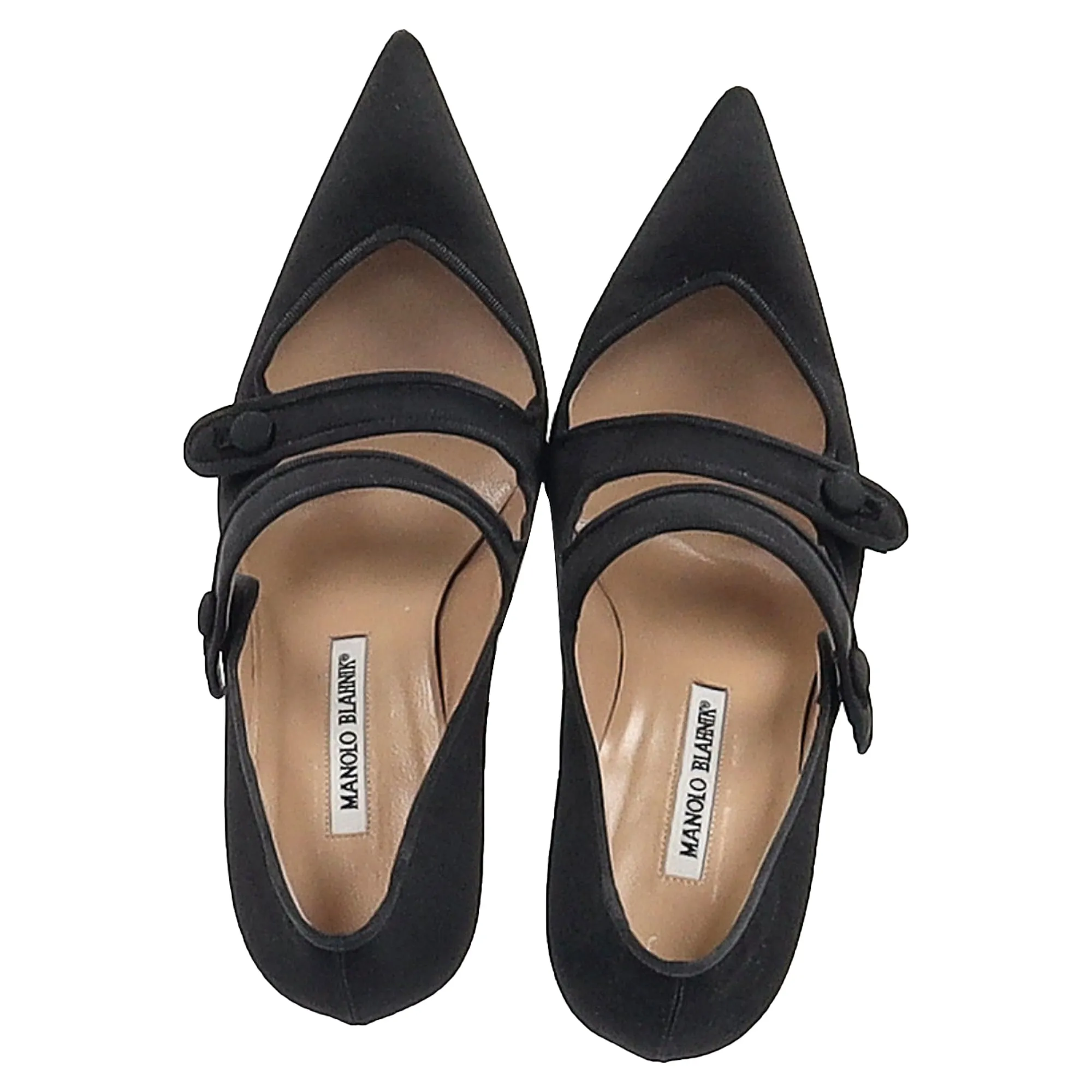 Manolo Blahnik Double Strap Mary Jane Pumps in Black Satin Shoes_Manolo-Blahnik