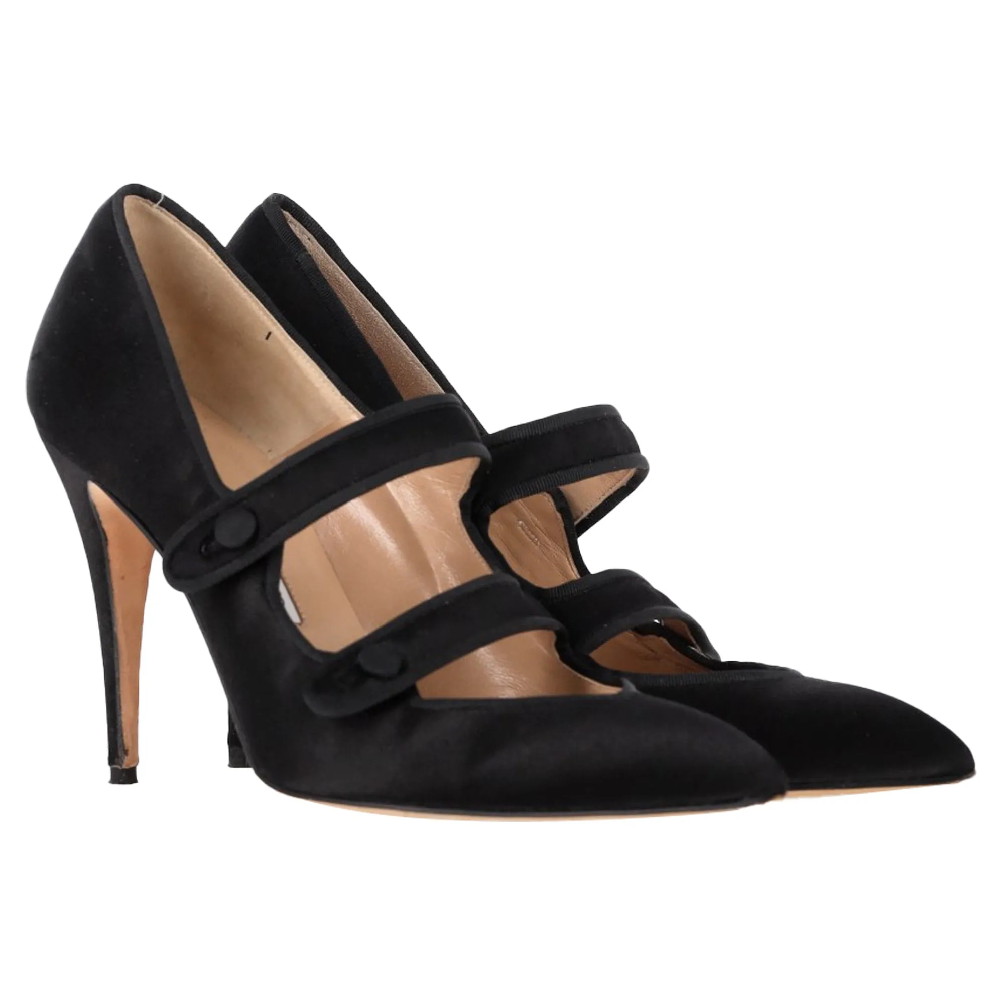 Manolo Blahnik Double Strap Mary Jane Pumps in Black Satin Shoes_Manolo-Blahnik