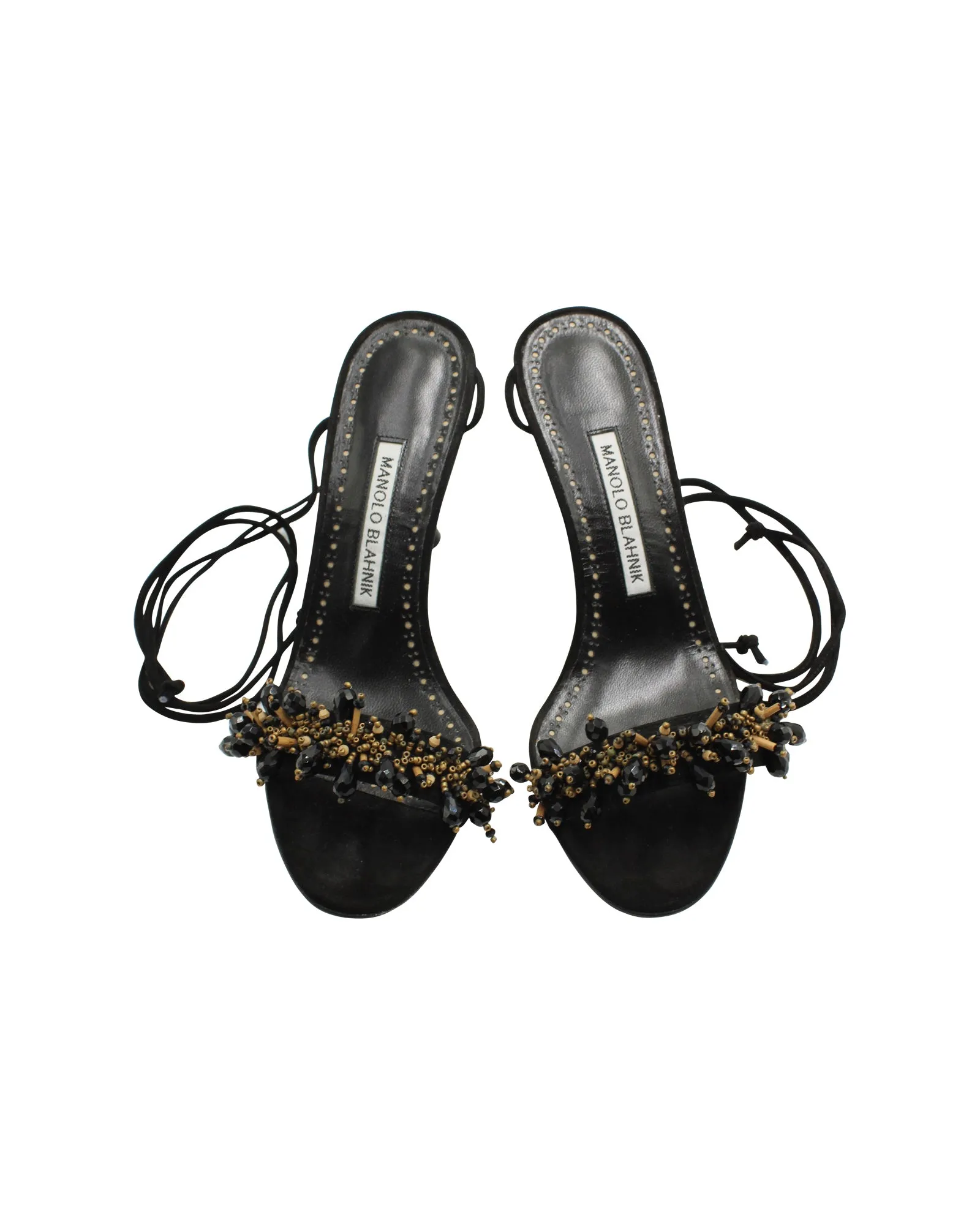 Manolo Blahnik Embellished Strappy Sandals in Black Leather Shoes_Manolo-Blahnik