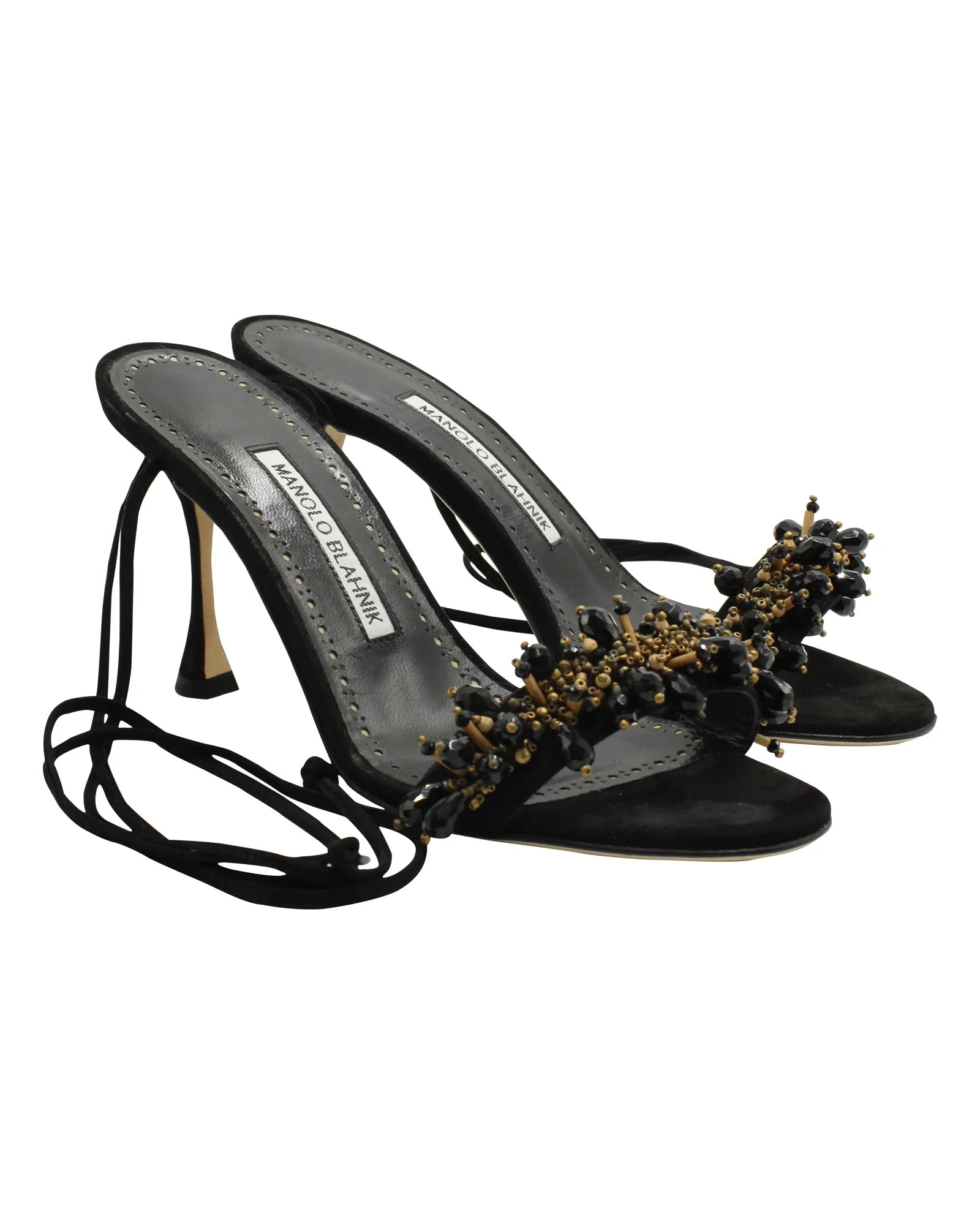 Manolo Blahnik Embellished Strappy Sandals in Black Leather Shoes_Manolo-Blahnik