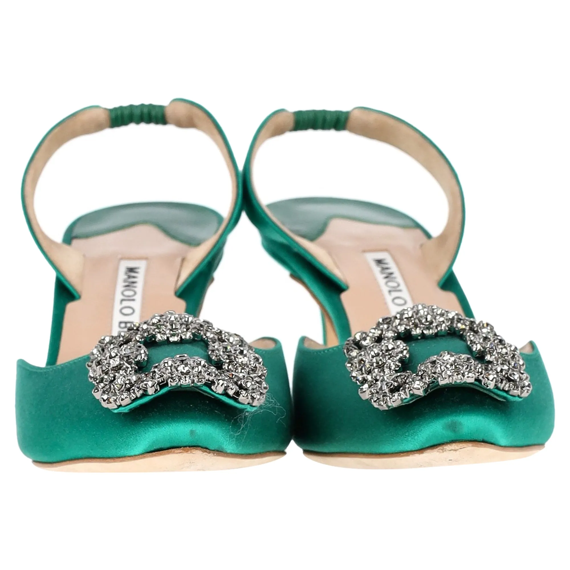 Manolo Blahnik Hangisi70 Embellished Slingback Pumps in Green Satin Shoes_Manolo-Blahnik