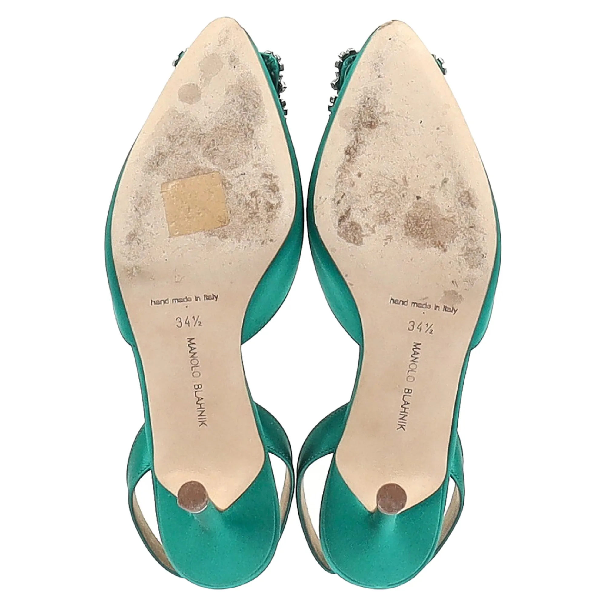 Manolo Blahnik Hangisi70 Embellished Slingback Pumps in Green Satin Shoes_Manolo-Blahnik