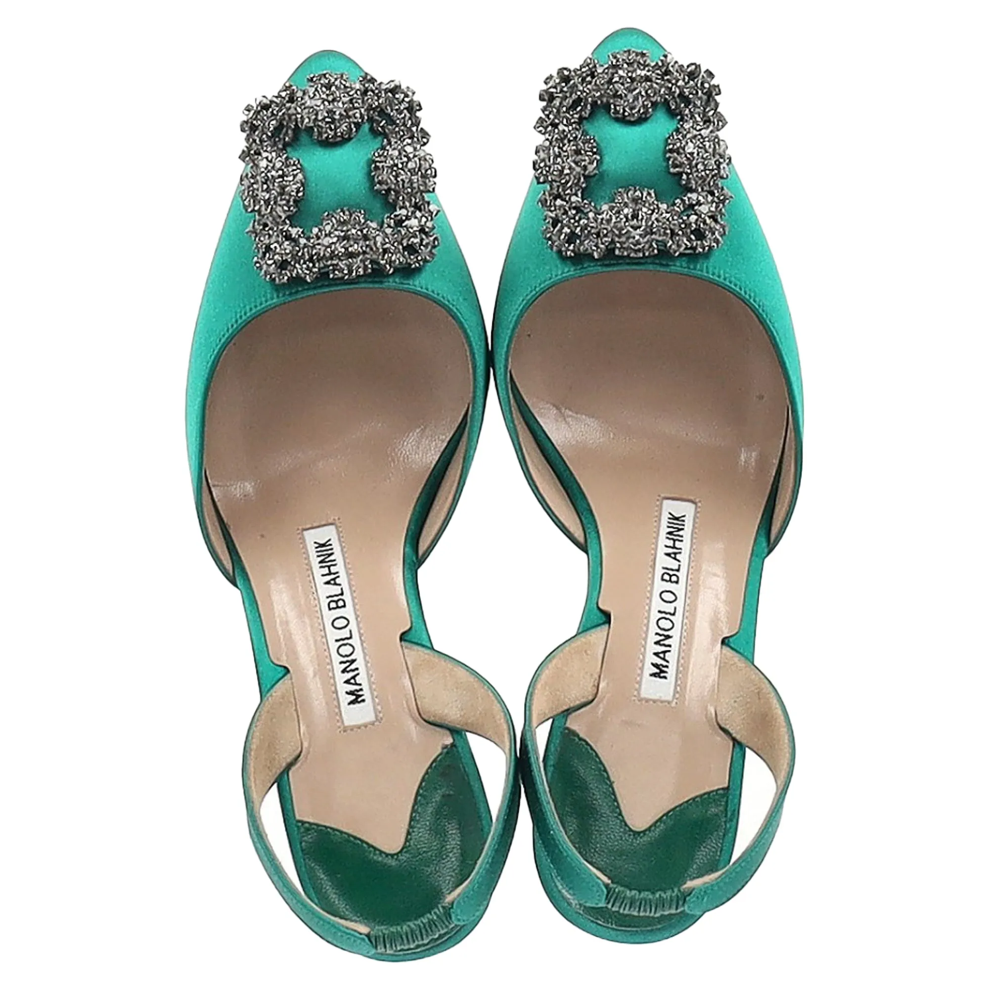 Manolo Blahnik Hangisi70 Embellished Slingback Pumps in Green Satin Shoes_Manolo-Blahnik