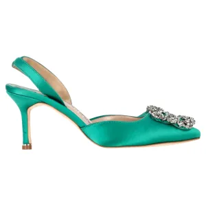 Manolo Blahnik Hangisi70 Embellished Slingback Pumps in Green Satin Shoes_Manolo-Blahnik