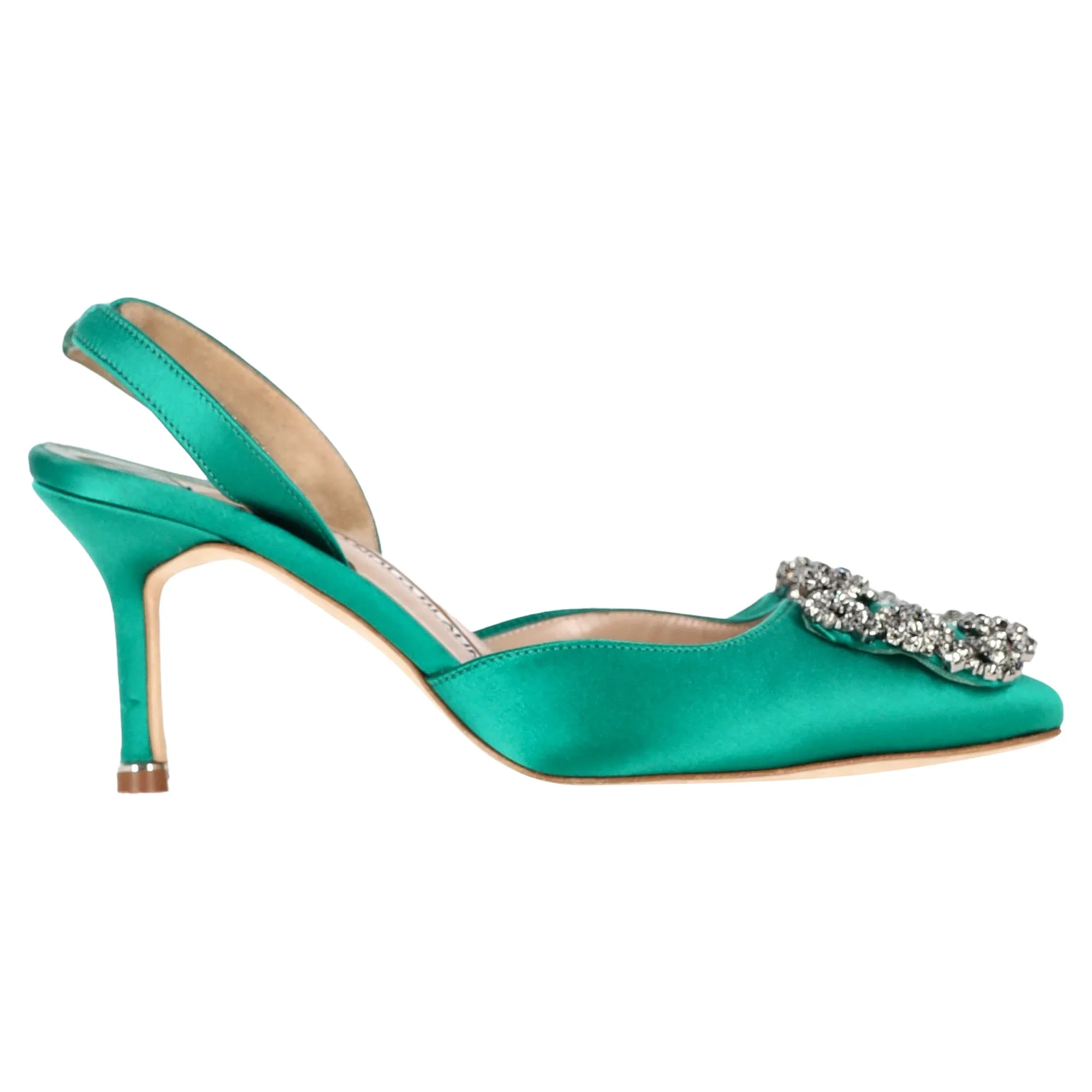 Manolo Blahnik Hangisi70 Embellished Slingback Pumps in Green Satin Shoes_Manolo-Blahnik