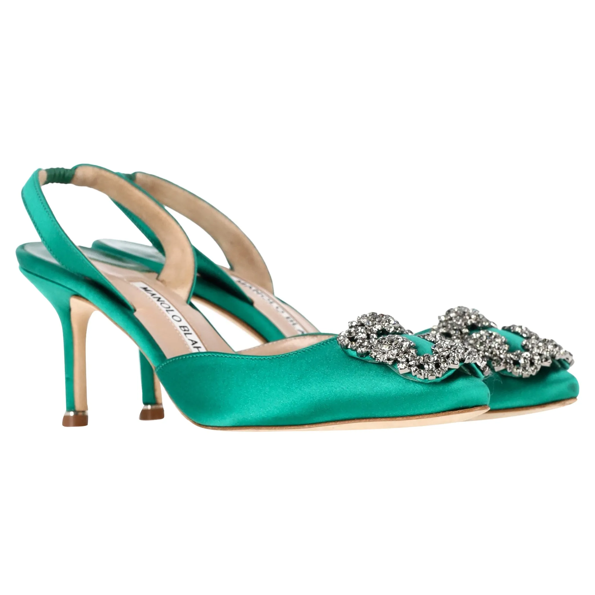 Manolo Blahnik Hangisi70 Embellished Slingback Pumps in Green Satin Shoes_Manolo-Blahnik