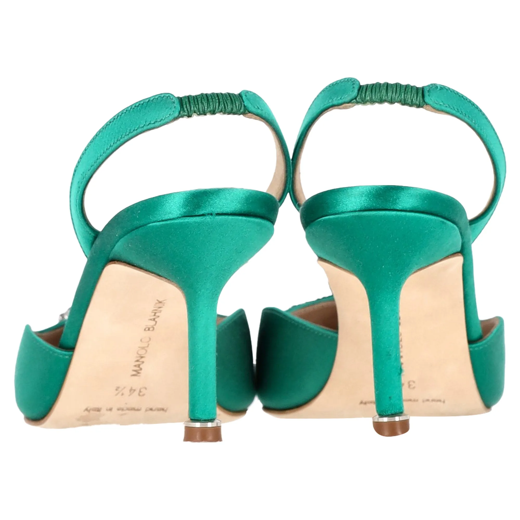 Manolo Blahnik Hangisi70 Embellished Slingback Pumps in Green Satin Shoes_Manolo-Blahnik