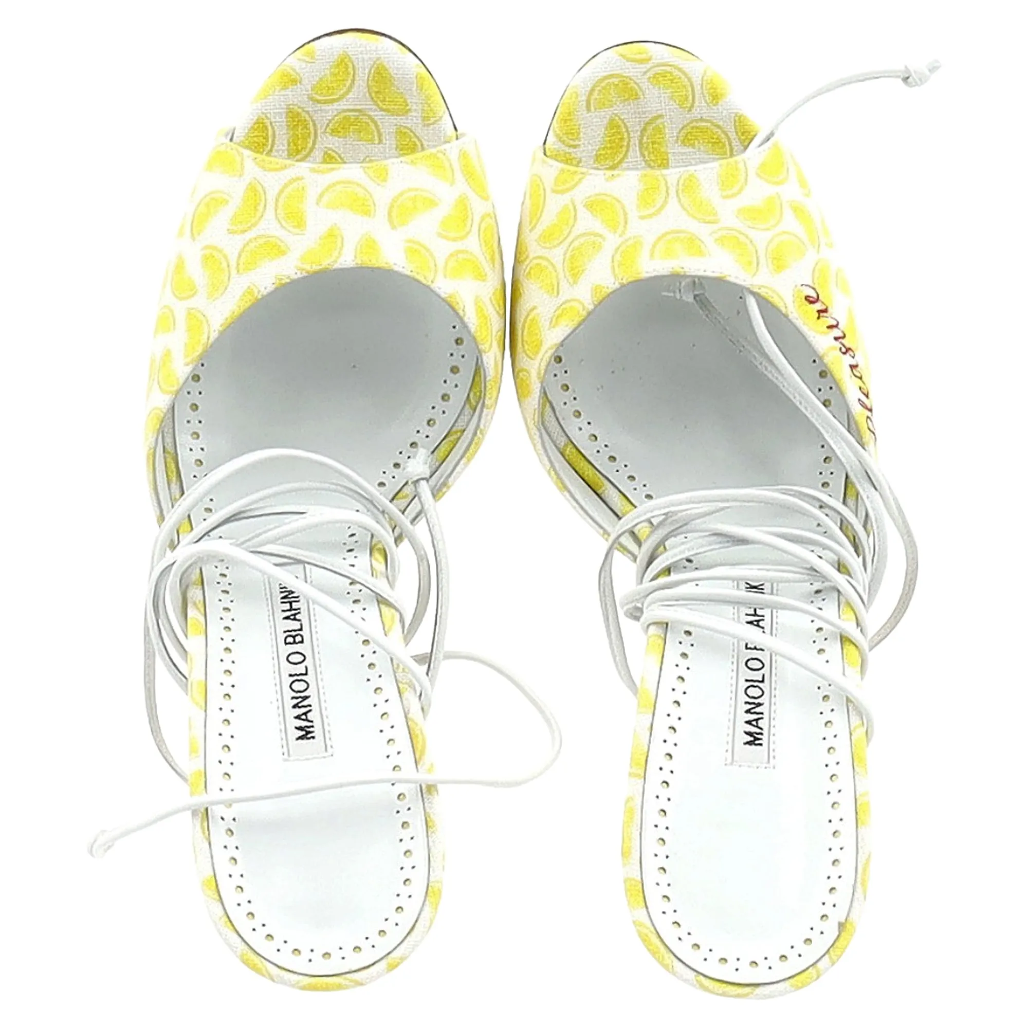 Manolo Blahnik Jada Lemon Print Strappy Heeled Sandals in Yellow Canvas Shoes_Manolo-Blahnik