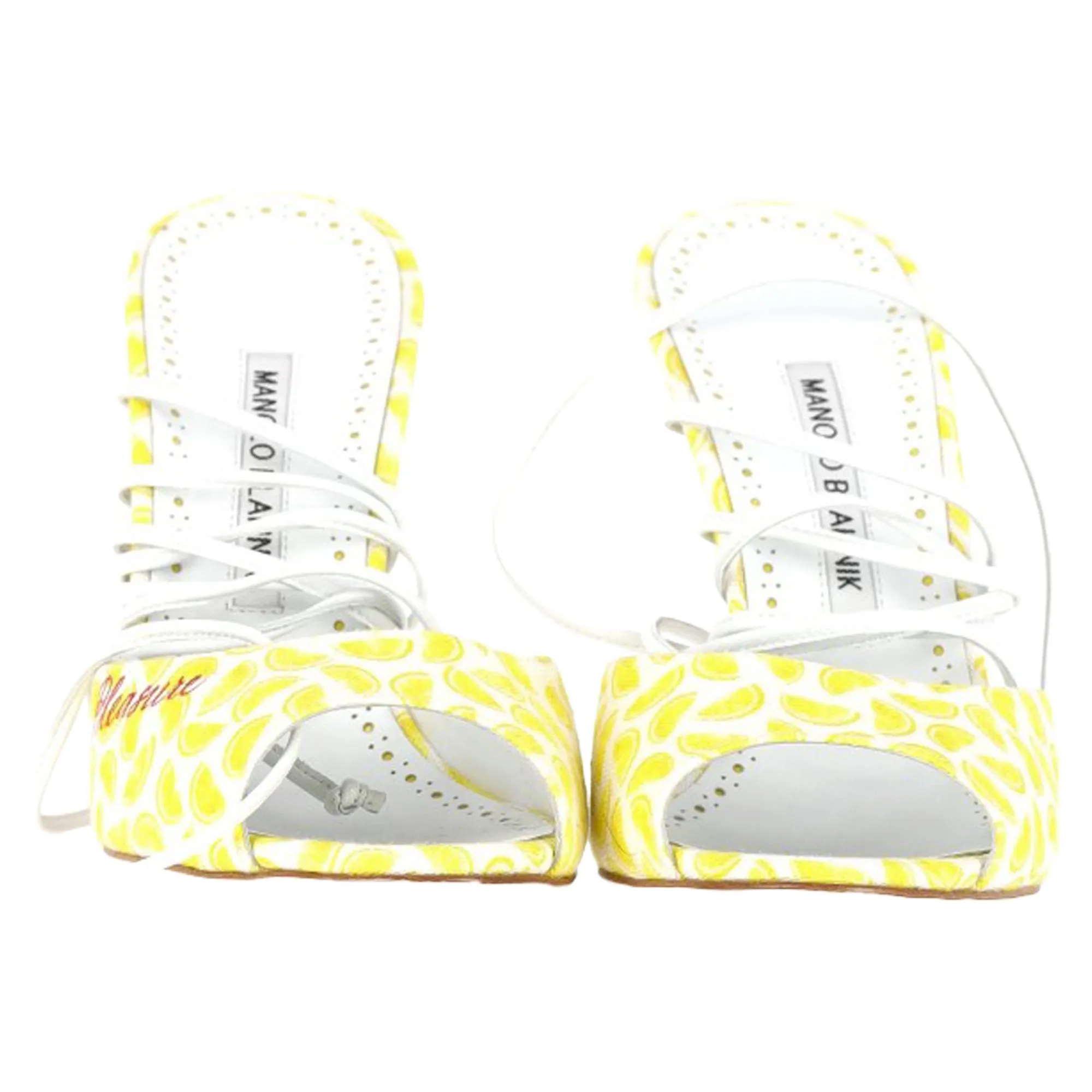 Manolo Blahnik Jada Lemon Print Strappy Heeled Sandals in Yellow Canvas Shoes_Manolo-Blahnik