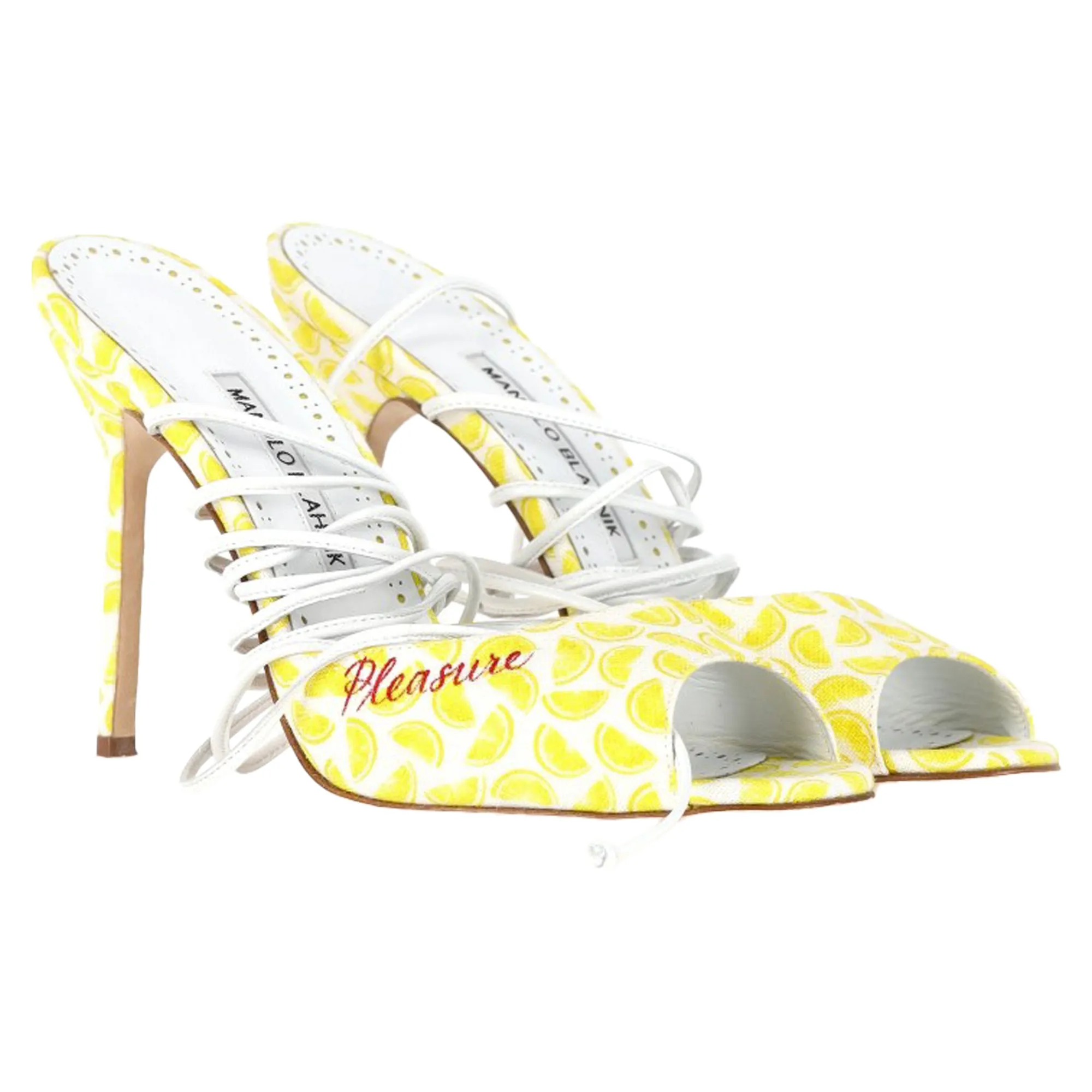 Manolo Blahnik Jada Lemon Print Strappy Heeled Sandals in Yellow Canvas Shoes_Manolo-Blahnik