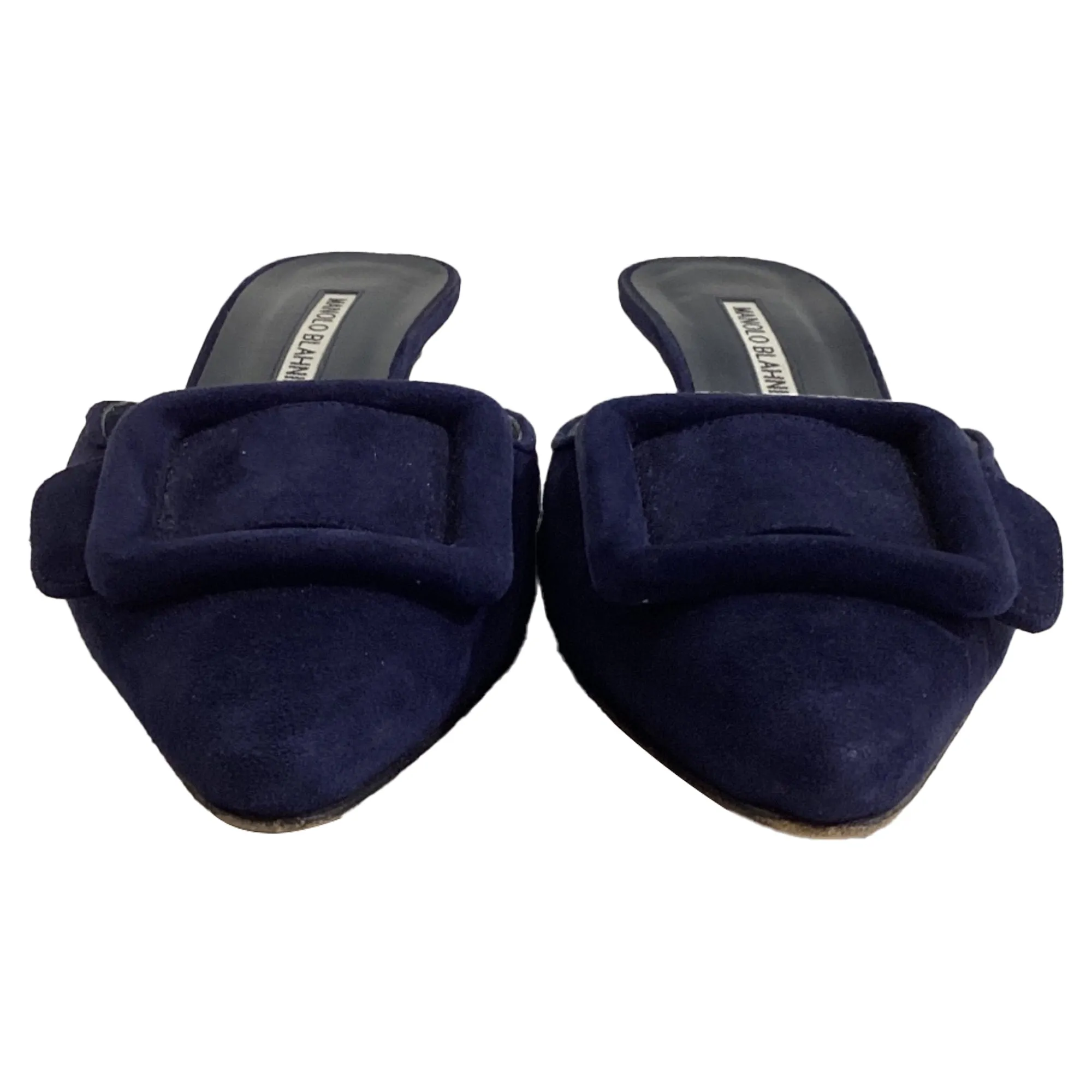 Manolo Blahnik Kitten Heel Mules in Navy Blue Suede Shoes_Manolo-Blahnik