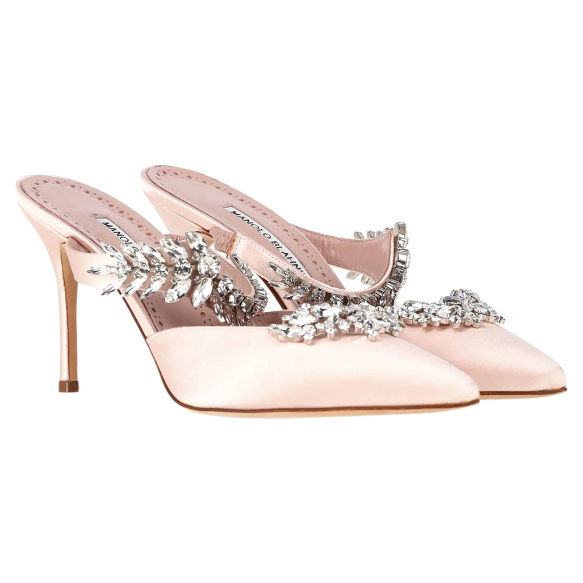 Manolo Blahnik Lurum Crystal Embellished Mules in Pink Satin Shoes_Manolo-Blahnik