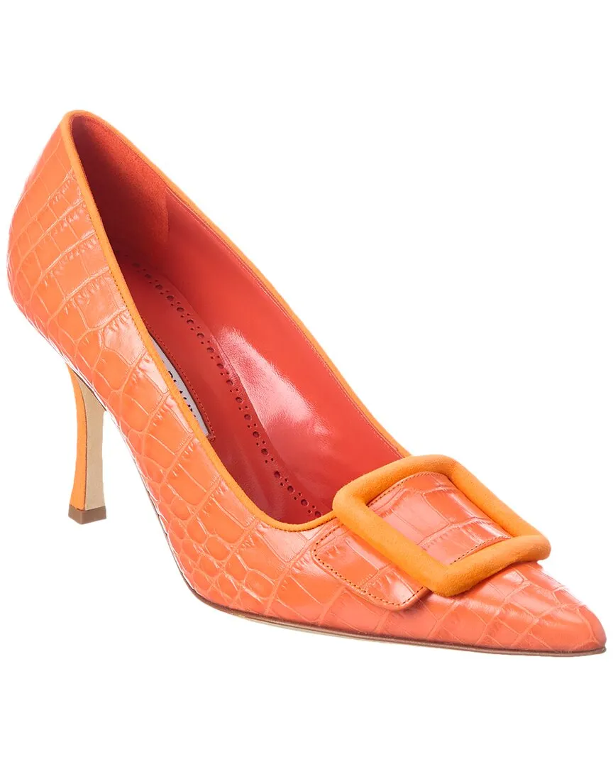 Manolo Blahnik Maysale 90 Croc-Embossed Leather & Suede Pump Shoes_Manolo-Blahnik