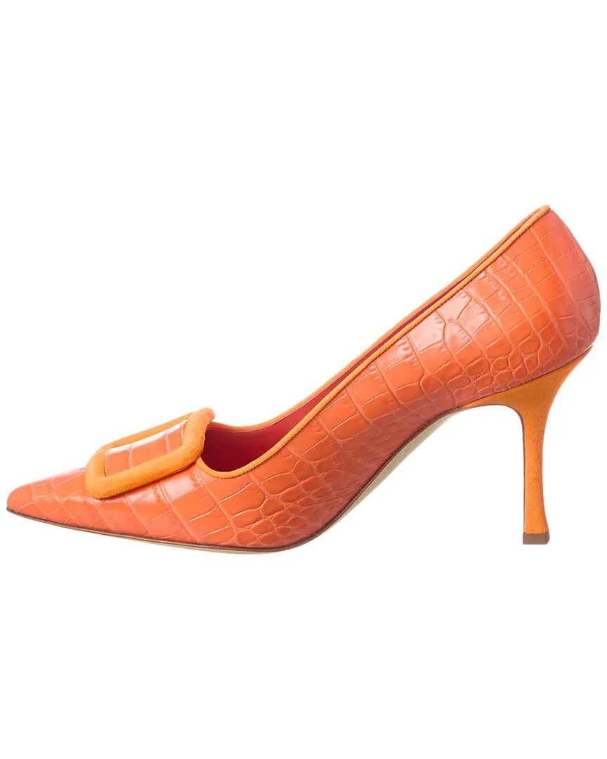 Manolo Blahnik Maysale 90 Croc-Embossed Leather & Suede Pump Shoes_Manolo-Blahnik
