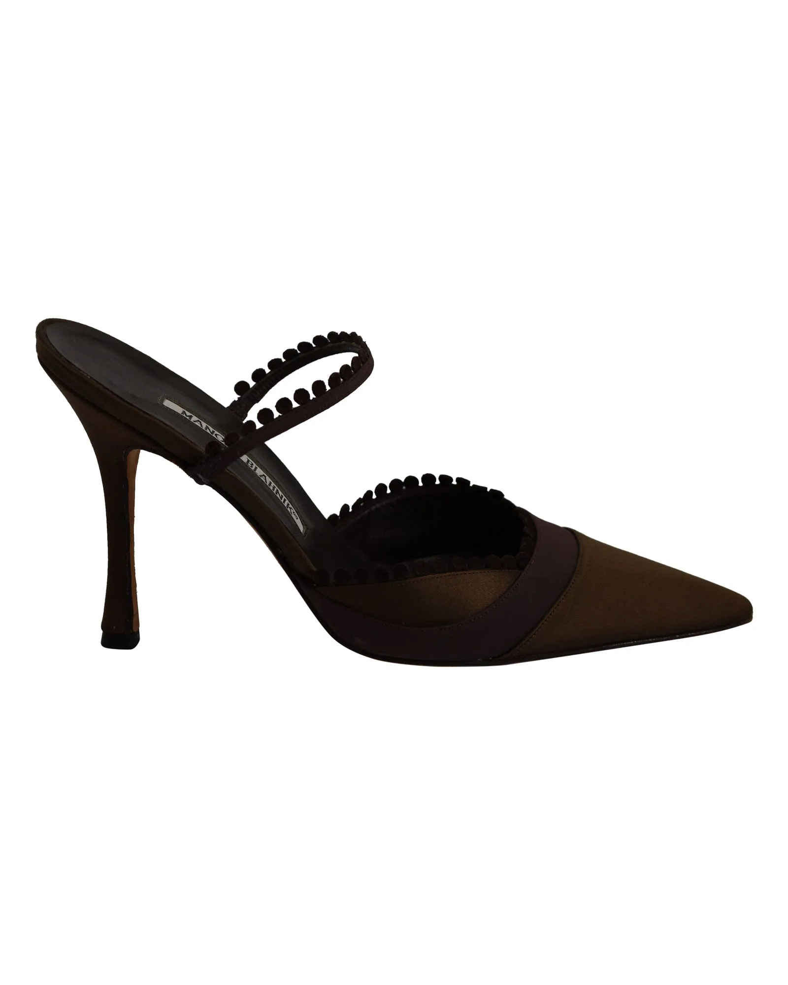 Manolo Blahnik Pointed Toe Mule Pumps in Olive Green and Brown Silk Shoes_Manolo-Blahnik