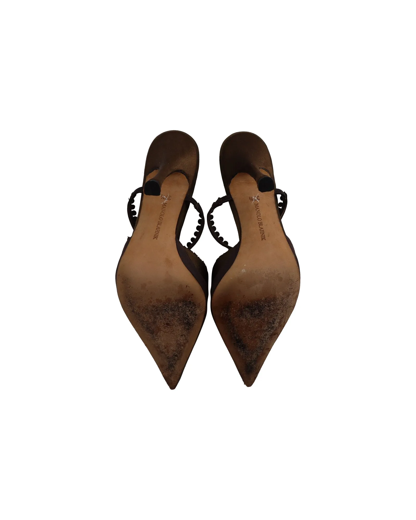 Manolo Blahnik Pointed Toe Mule Pumps in Olive Green and Brown Silk Shoes_Manolo-Blahnik