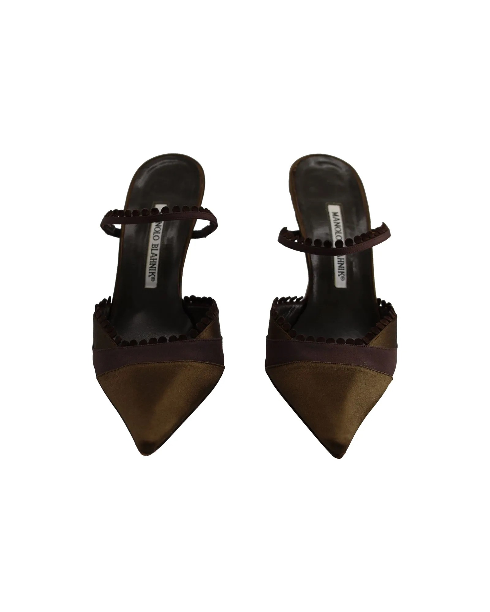 Manolo Blahnik Pointed Toe Mule Pumps in Olive Green and Brown Silk Shoes_Manolo-Blahnik