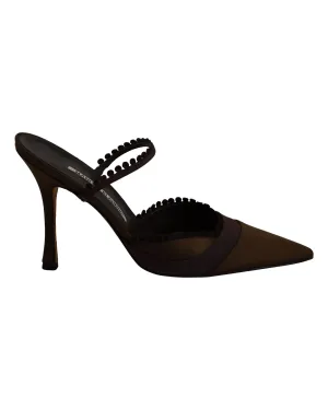 Manolo Blahnik Pointed Toe Mule Pumps in Olive Green and Brown Silk Shoes_Manolo-Blahnik