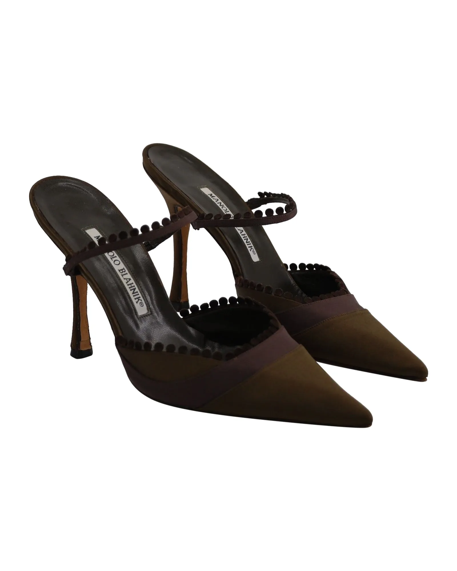 Manolo Blahnik Pointed Toe Mule Pumps in Olive Green and Brown Silk Shoes_Manolo-Blahnik
