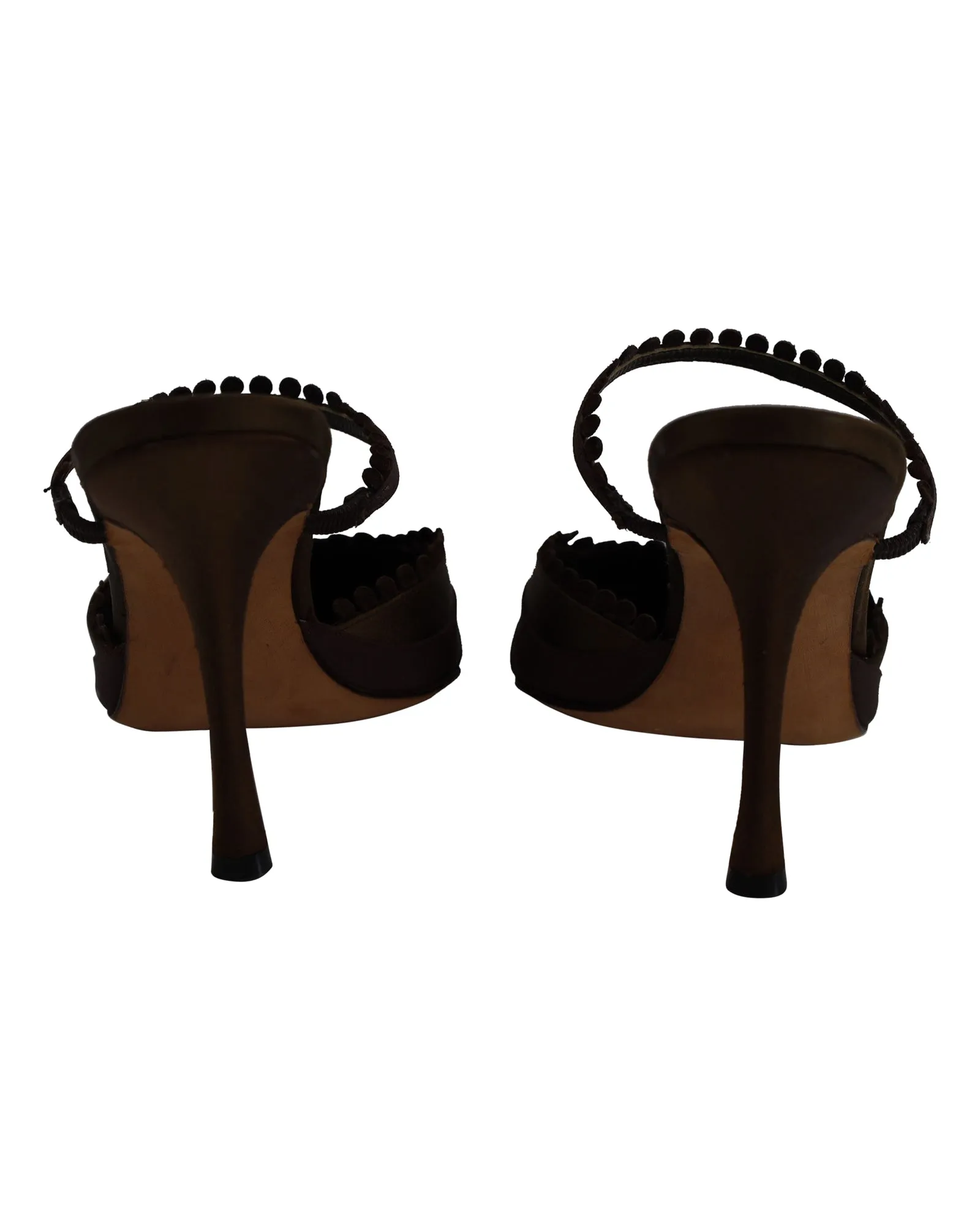 Manolo Blahnik Pointed Toe Mule Pumps in Olive Green and Brown Silk Shoes_Manolo-Blahnik
