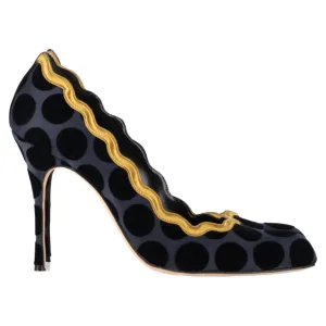 Manolo Blahnik Polka Dot Scalloped Pumps in Navy Blue Satin Shoes_Manolo-Blahnik