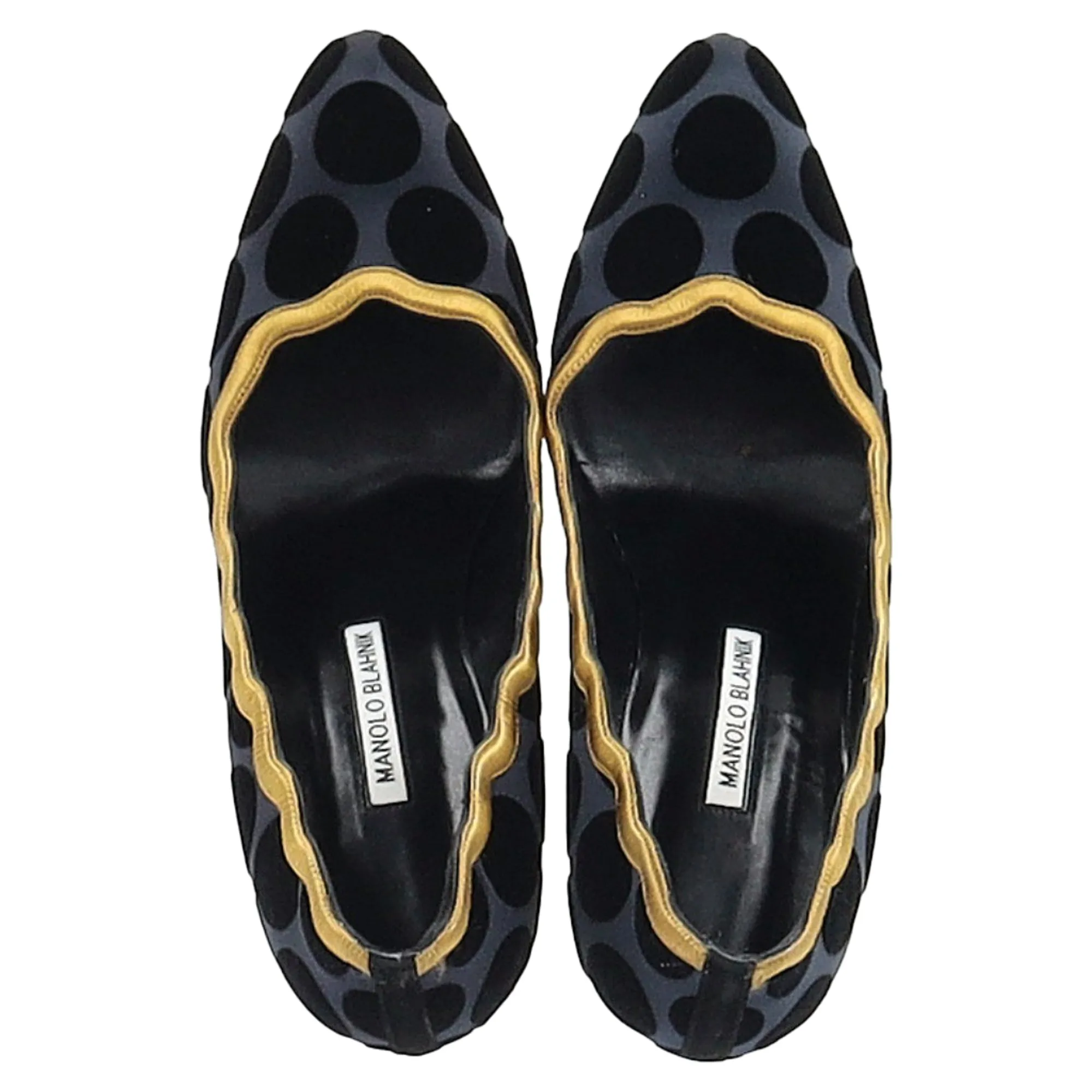 Manolo Blahnik Polka Dot Scalloped Pumps in Navy Blue Satin Shoes_Manolo-Blahnik