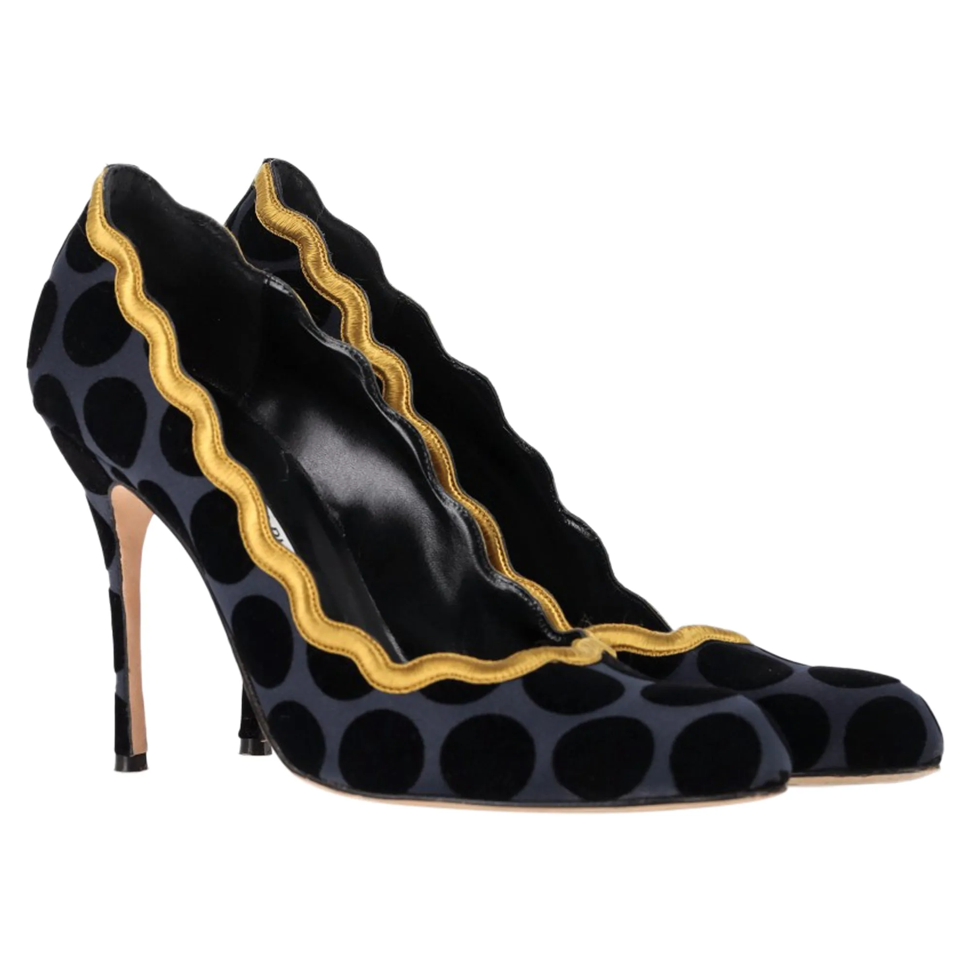 Manolo Blahnik Polka Dot Scalloped Pumps in Navy Blue Satin Shoes_Manolo-Blahnik