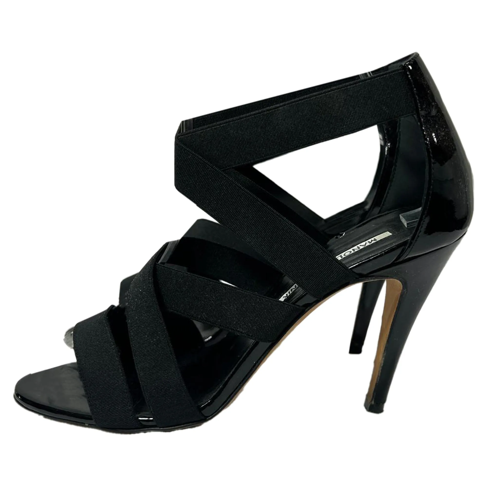 Manolo Blahnik Strappy Sandal Heels in Black Patent Leather Shoes_Manolo-Blahnik