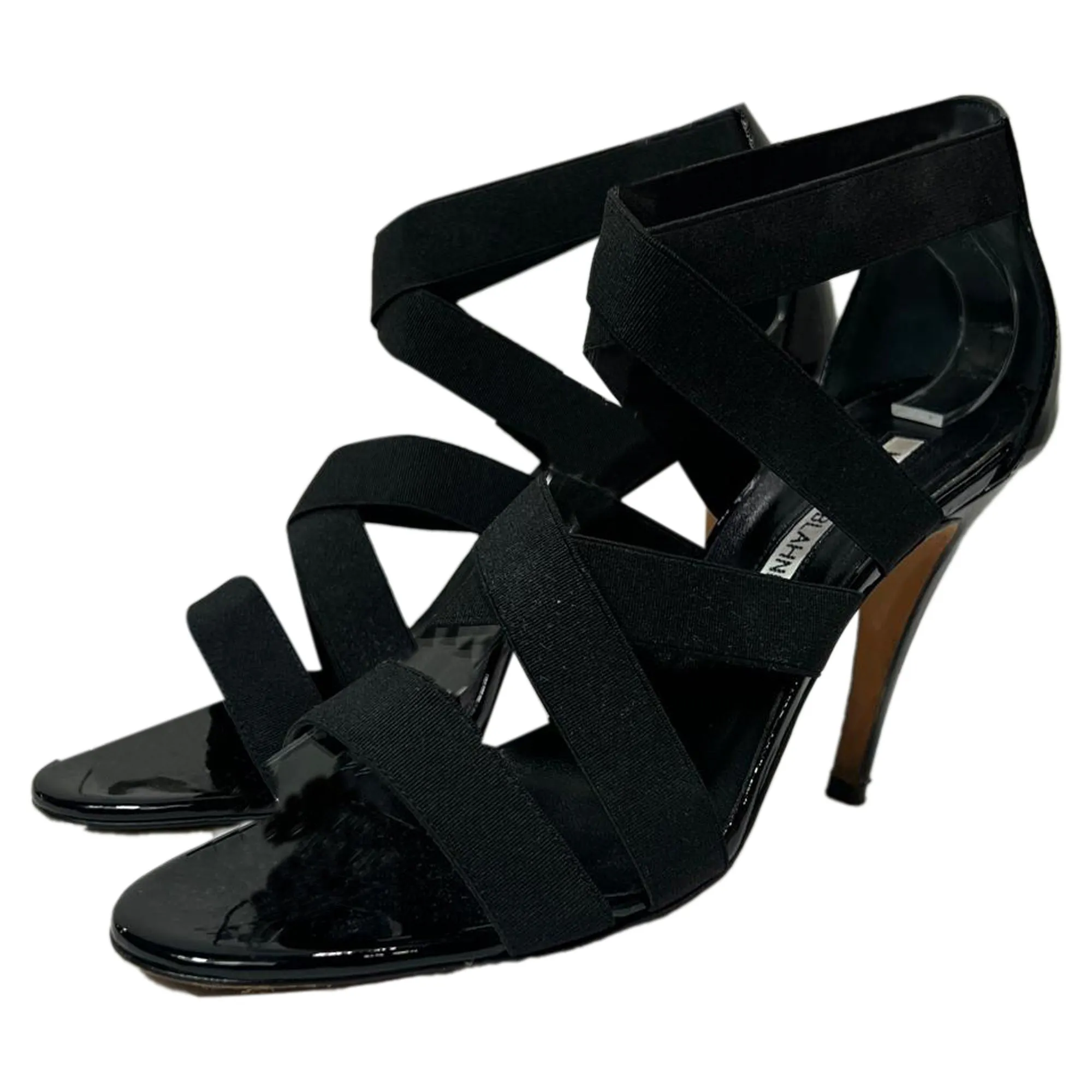 Manolo Blahnik Strappy Sandal Heels in Black Patent Leather Shoes_Manolo-Blahnik