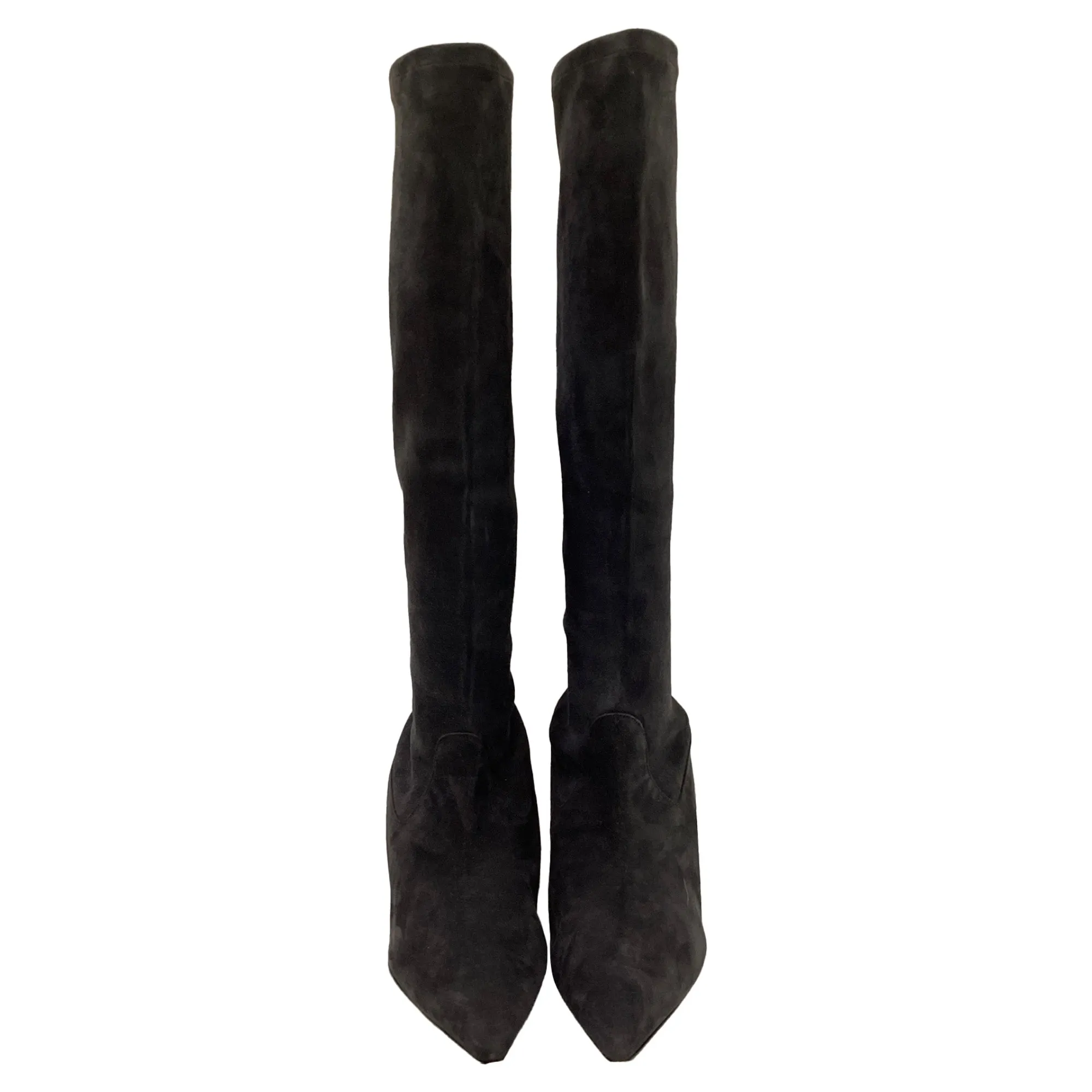 Manolo Blahnik Stretch High Heel Boots in Grey Suede Shoes_Manolo-Blahnik