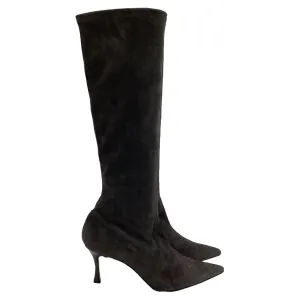 Manolo Blahnik Stretch High Heel Boots in Grey Suede Shoes_Manolo-Blahnik