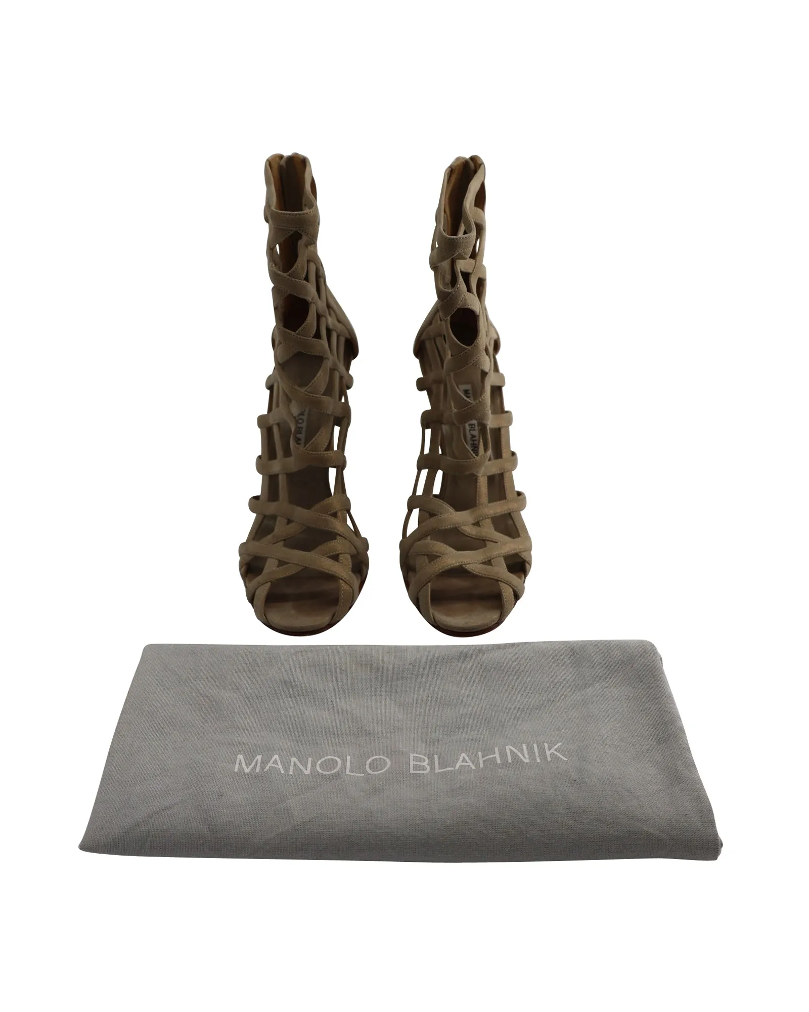 Manolo Blahnik Vagibu Cage Ankle High Heel Sandals in Khaki Suede Shoes_Manolo-Blahnik