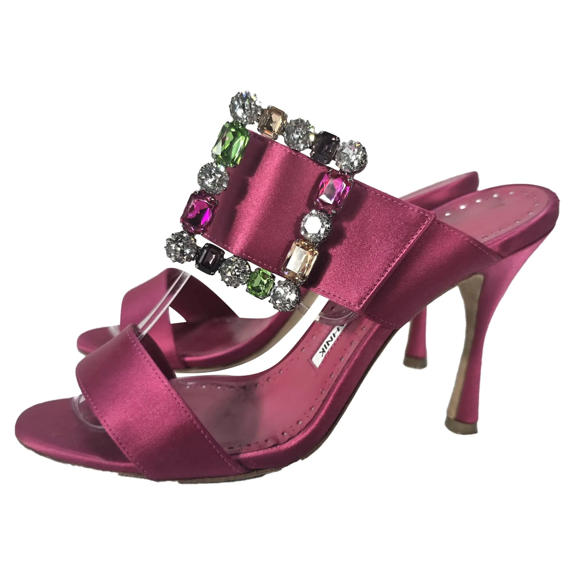 Manolo Blahnik Verda Embellished Slip-On Heeled Sandals in Pink Satin Shoes_Manolo-Blahnik