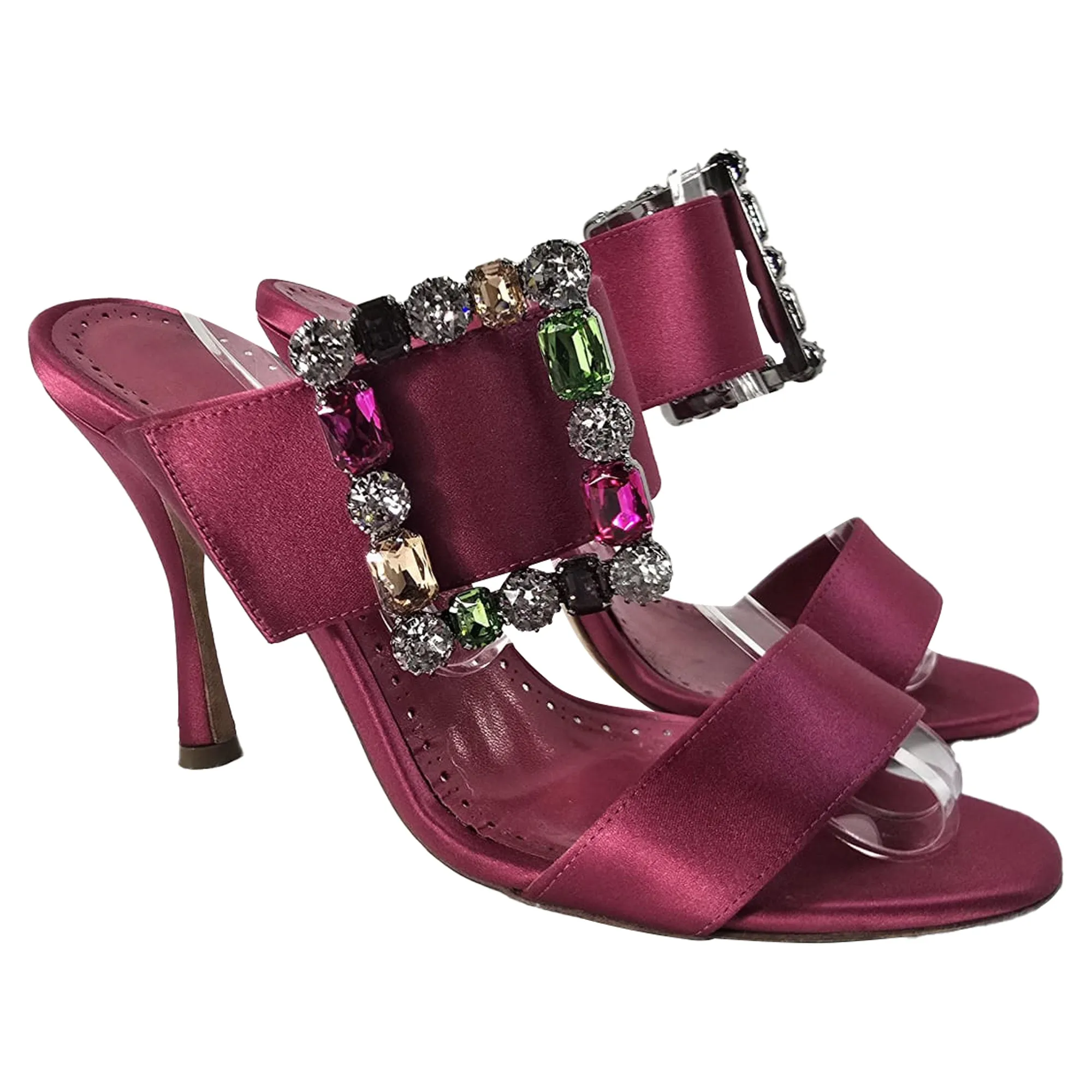 Manolo Blahnik Verda Embellished Slip-On Heeled Sandals in Pink Satin Shoes_Manolo-Blahnik