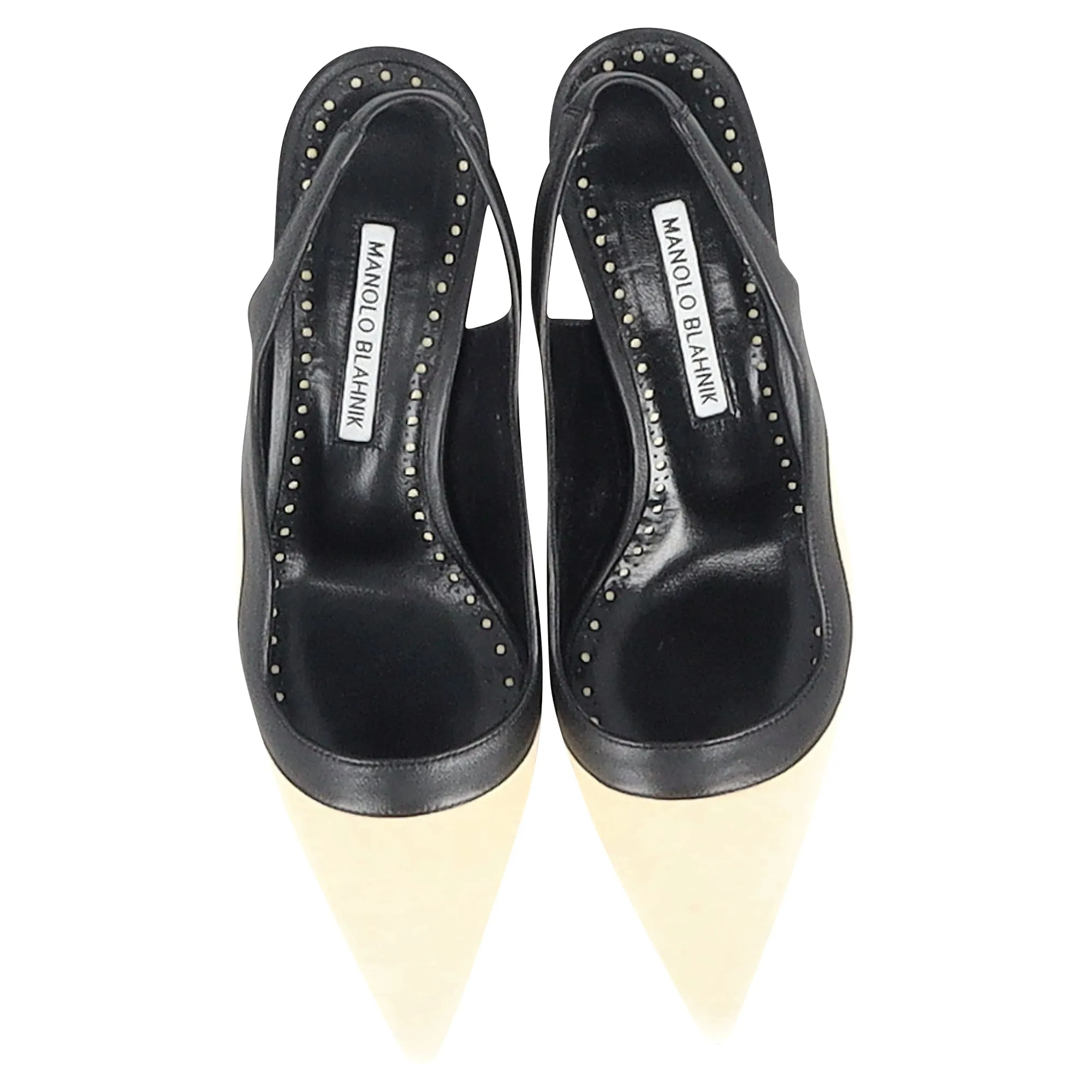 Manolo Blahnik Wave Detail Pointed Toe Slingback Pumps in Black and Cream Leather Shoes_Manolo-Blahnik