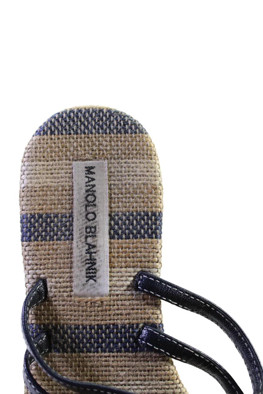 Manolo Blahnik Womens Buckle T Strap Sandals Navy Blue Leather Shoes_Manolo-Blahnik
