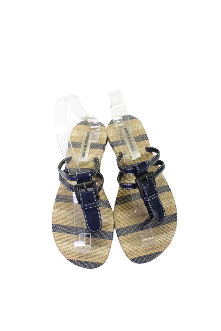 Manolo Blahnik Womens Buckle T Strap Sandals Navy Blue Leather Shoes_Manolo-Blahnik
