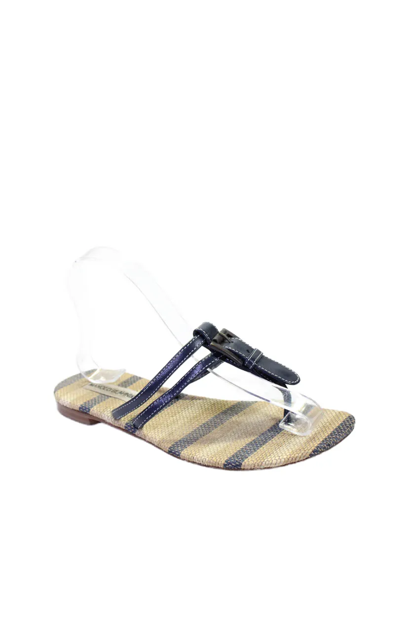 Manolo Blahnik Womens Buckle T Strap Sandals Navy Blue Leather Shoes_Manolo-Blahnik