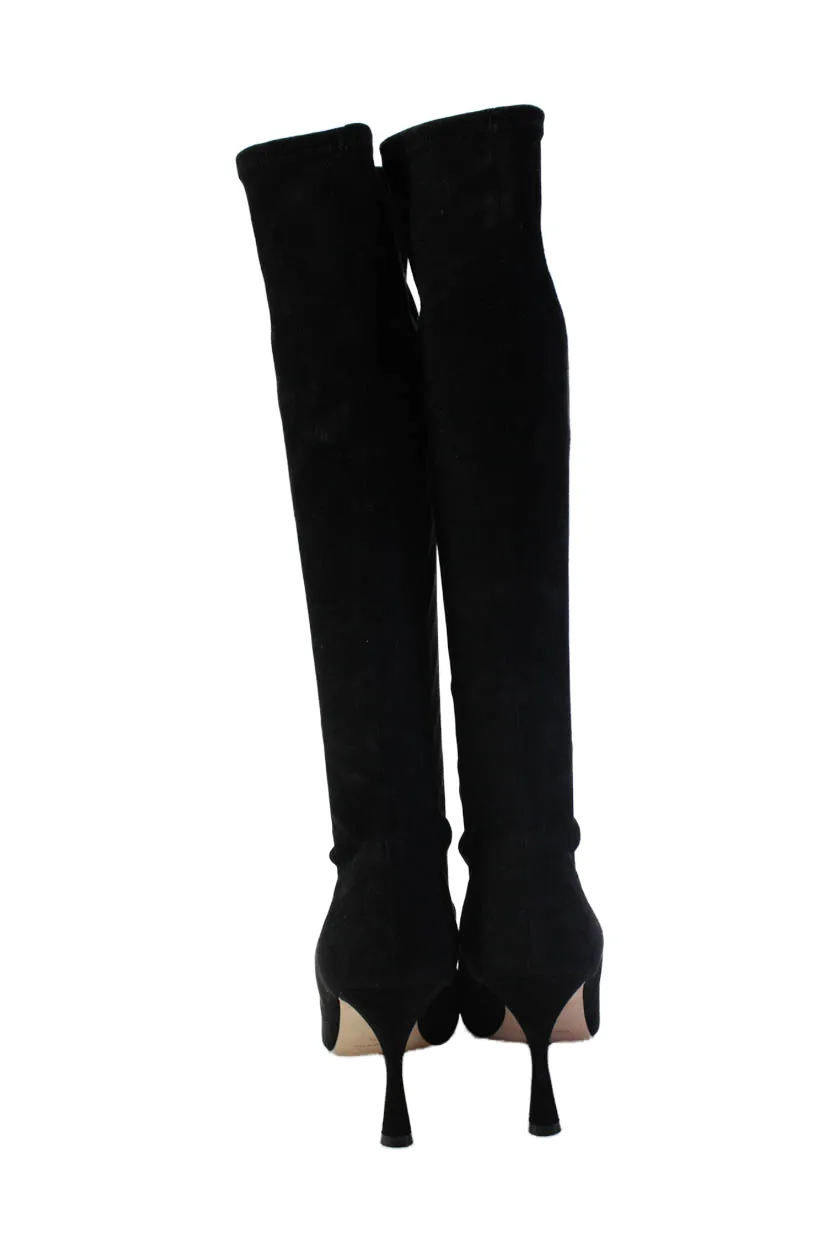Manolo Blahnik Womens Cone Heel Pointed Toe Knee High Boots Black Suede 39.5 Shoes_Manolo-Blahnik